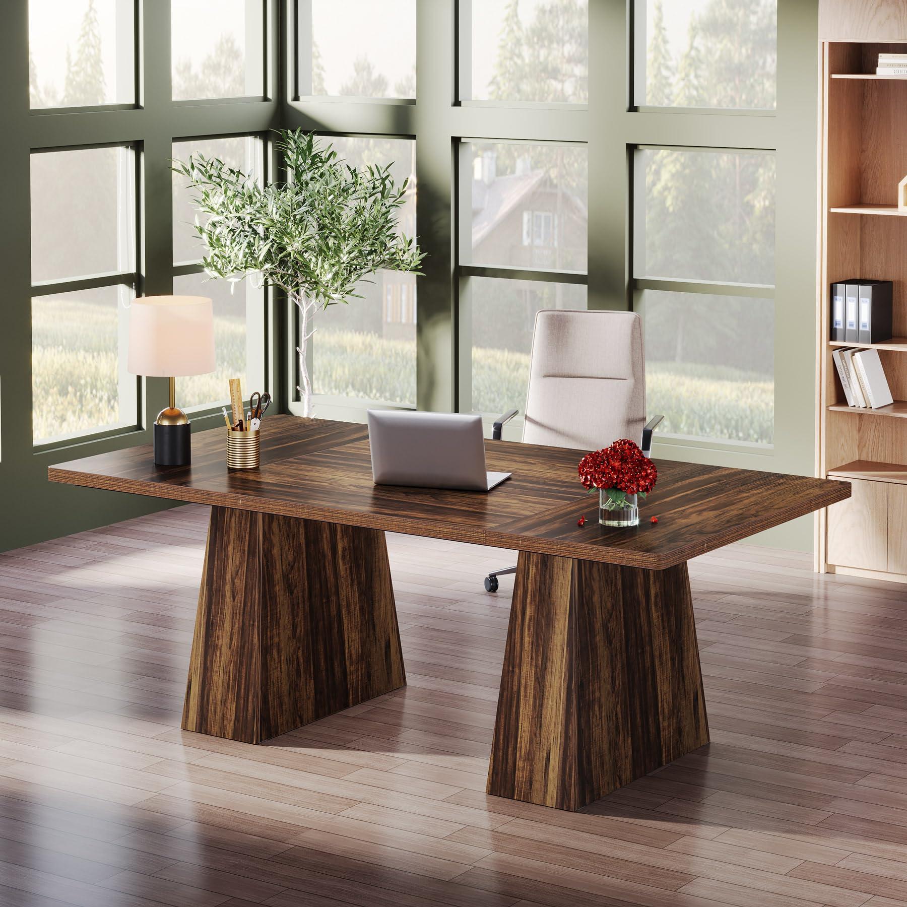 Tribesigns 63-Inch Executive Desk, Large Office Computer Desk with Double Pedestal, Modern Simple Workstations Writing Table Conference Table Business Furniture for Home Office, Rustic Brown - Image 4