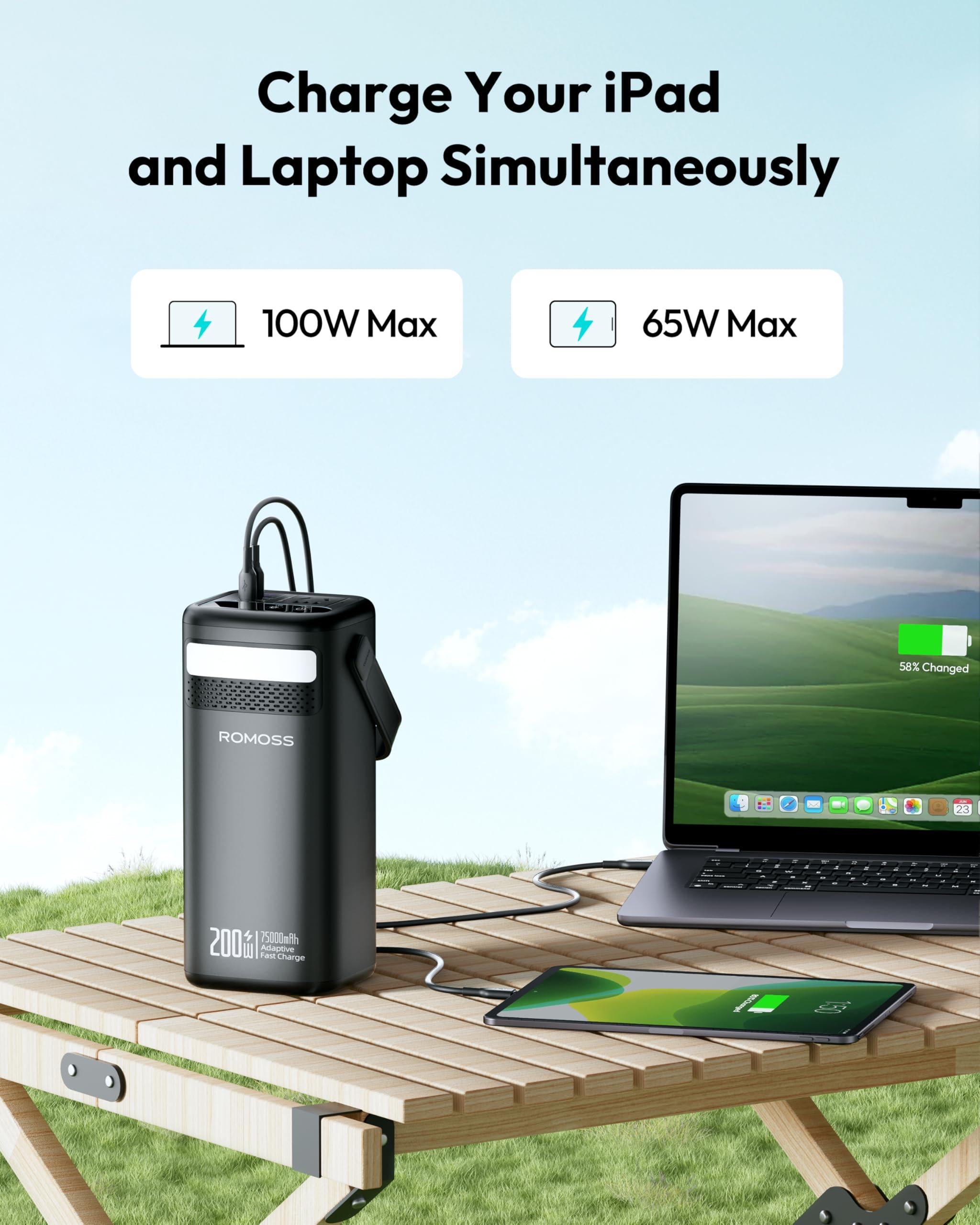 ROMOSS Power Bank Station 75,000mAh, 240Wh Outdoor Power Station, LiFePO4 Battery Pack, 200W AC Outlet, 100W USB-C in/out, Fast Charging, Smart Display and LED Light, for Outdoor Camping and Emergency - Image 2