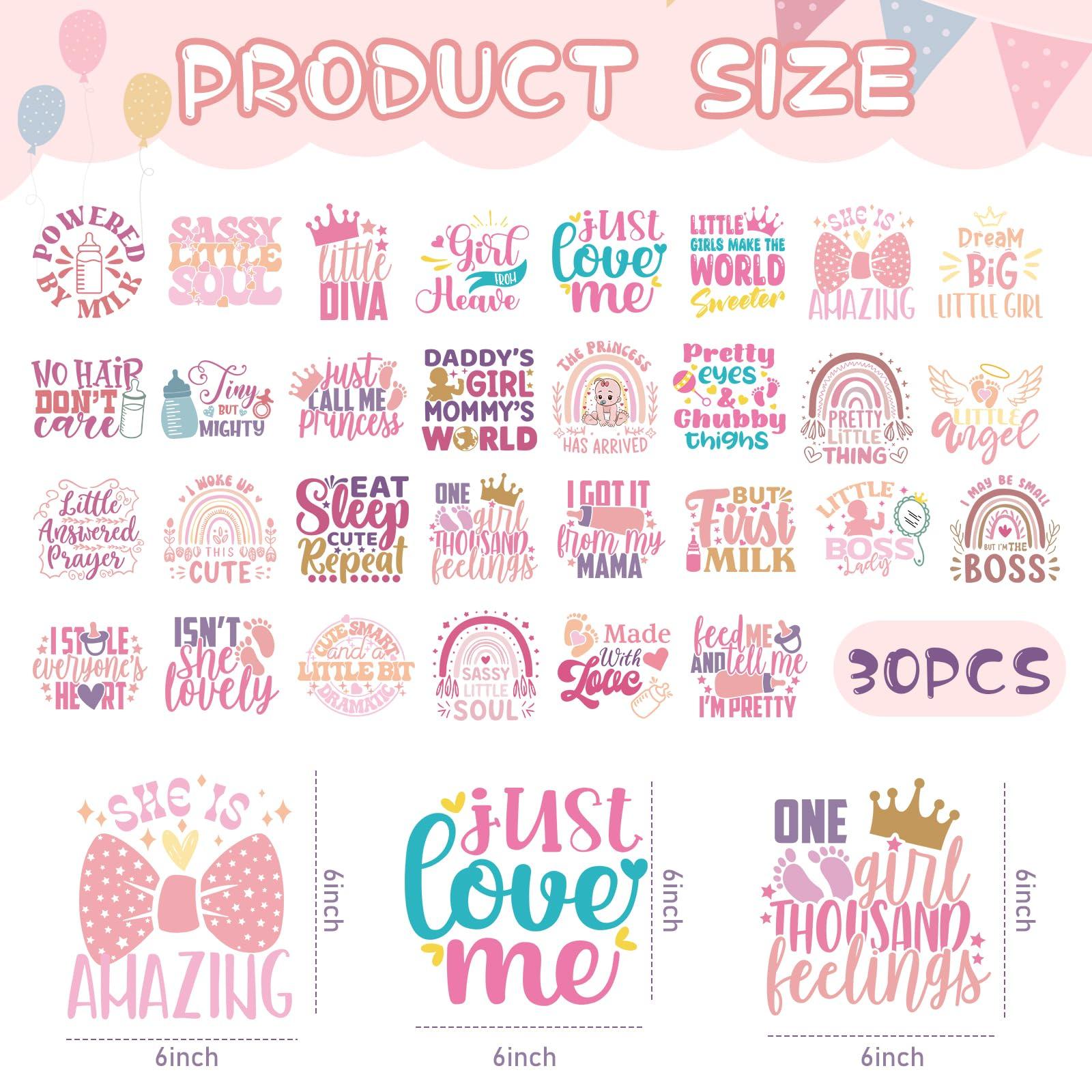Dazoratix Baby Iron on Transfers - 30 Pcs Pink Ready to Press Heat Transfer Vinyl Stickers Onesie Decorating Kit Bodysuit Patches for Girl Shower Gender Reveal Party T-Shirts Hat DIY Crafts - Image 3