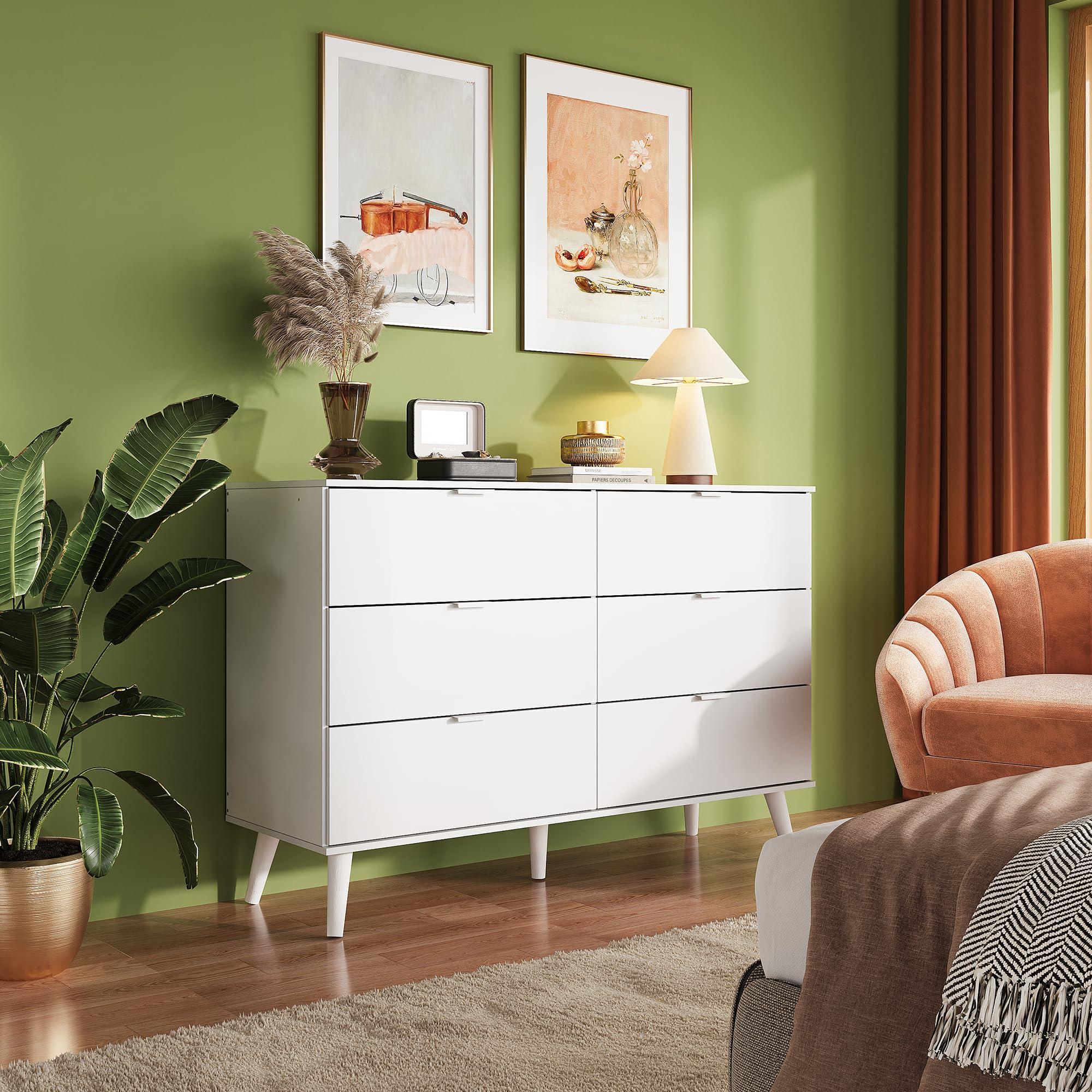 WLIVE 6 Drawer Dresser for Bedroom, 47.24'' Wide Wood White Dresser, Storage Organizer with Sturdy Metal Handle, TV Stand for 55 inch TV, Chest of Drawers for Living Room, Hallway, Closet - Image 2
