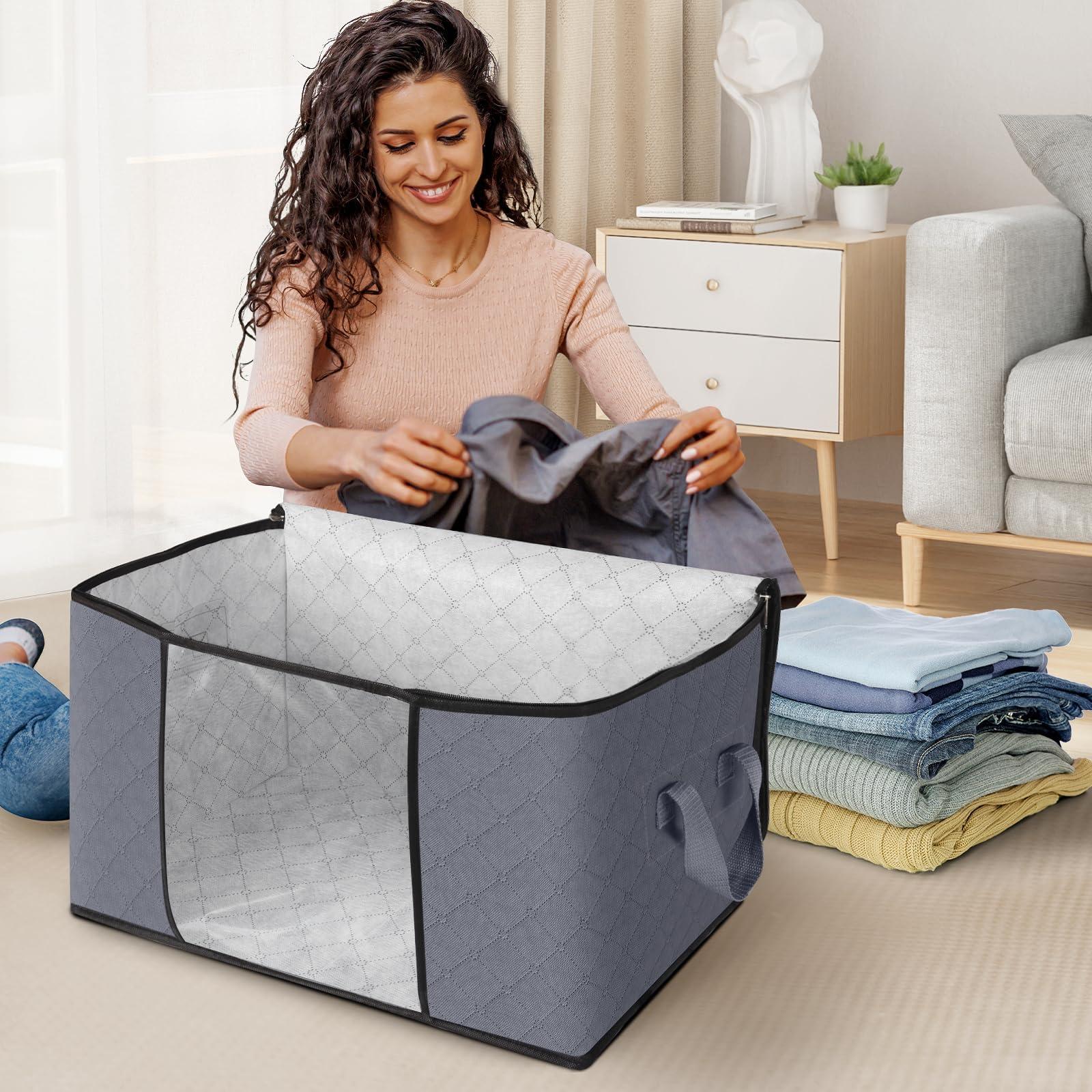 Fab totes 6 Pack Clothes Storage, Foldable Thick Fabric Blanket Storage Bags, Containers for Organizing Bedroom, Closet, Clothing, Comforter,Closet Organization with Handle,Grey - Image 2