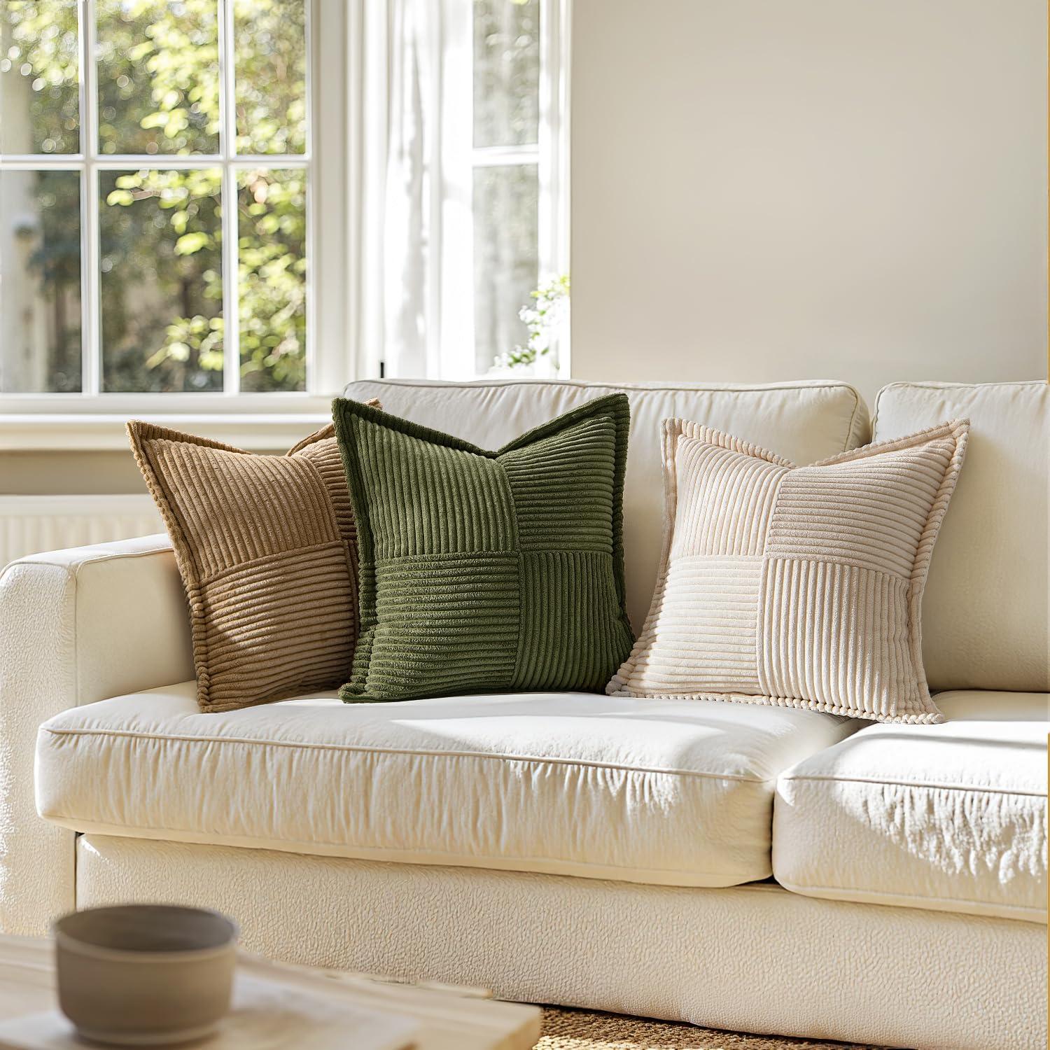 MIULEE Corduroy Pillow Covers with Splicing Set of 2 Super Soft Boho Striped Pillow Covers Broadside Decorative Spring Throw Pillows for Couch Cushion Livingroom 18x18 inch, Beige - Image 3
