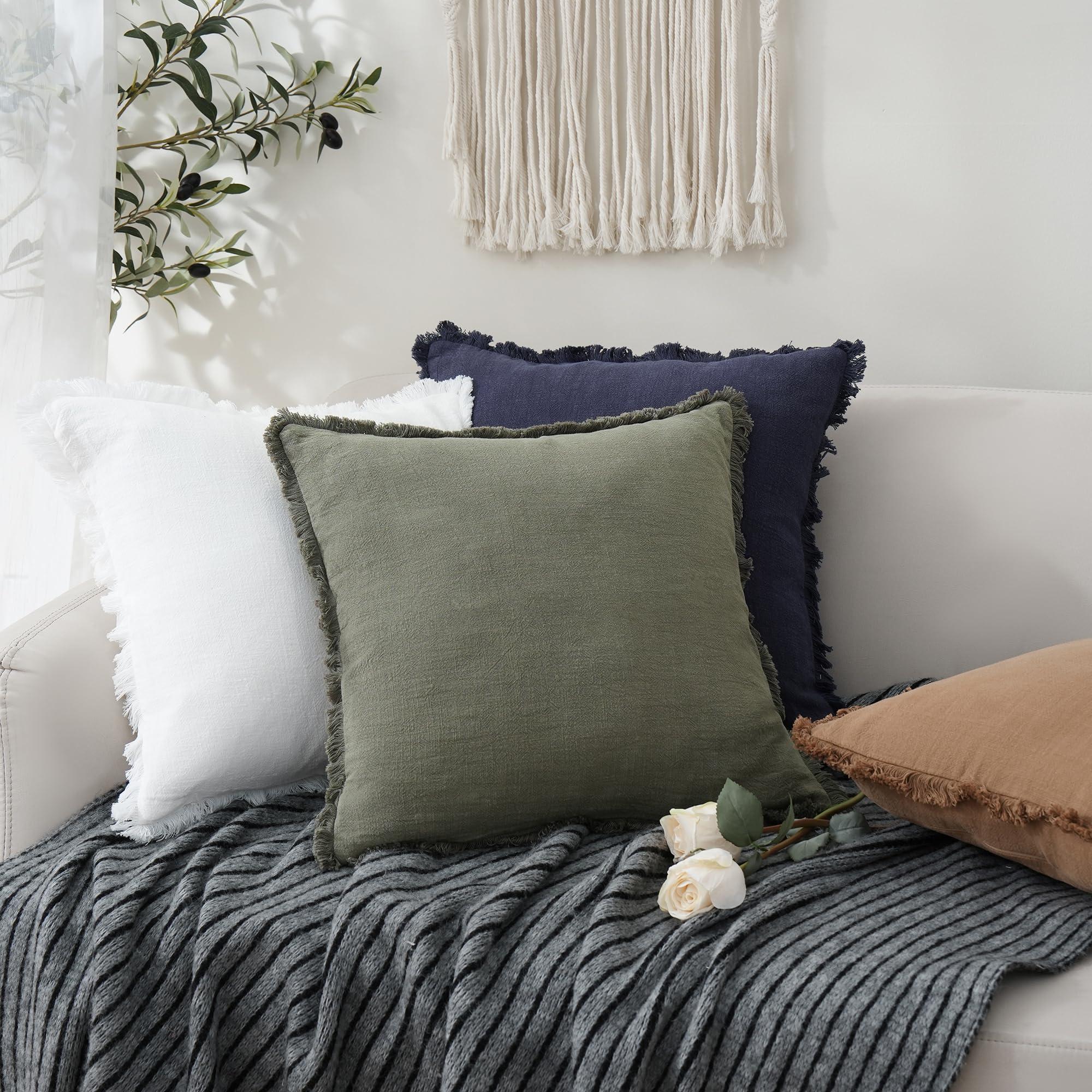 Foindtower Set of 2 Decorative Linen Fringe Throw Pillow Covers Cozy Boho Farmhouse Cushion Cover with Tassels Soft Accent Pillowcase for Couch Sofa Bed Living Room Home Decor,18×18 Inch,Olive Green - Image 2