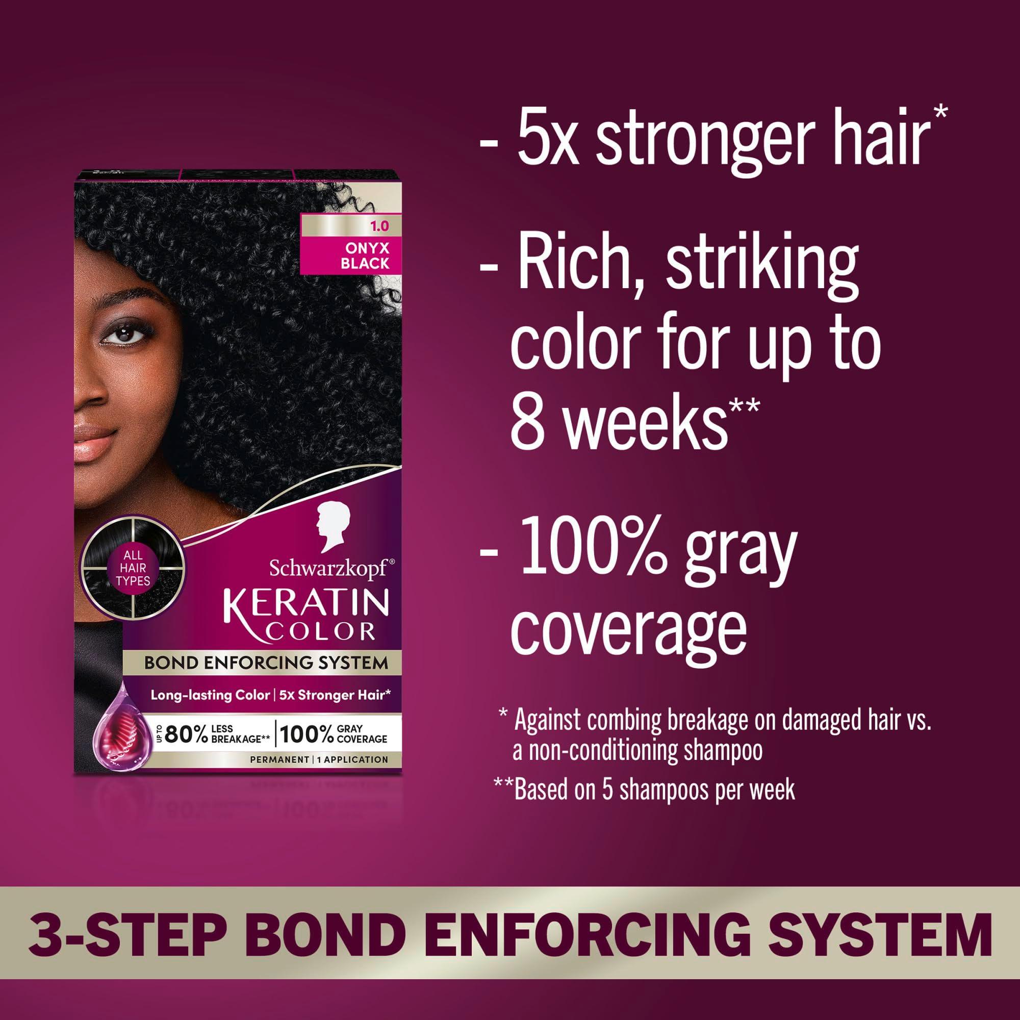 Schwarzkopf Keratin Color Permanent Hair Color, 1.0 Black Onyx, 1 Application - Salon Inspired Permanent Hair Dye, for up to 80% Less Breakage vs Untreated Hair and up to 100% Gray Coverage - Image 8