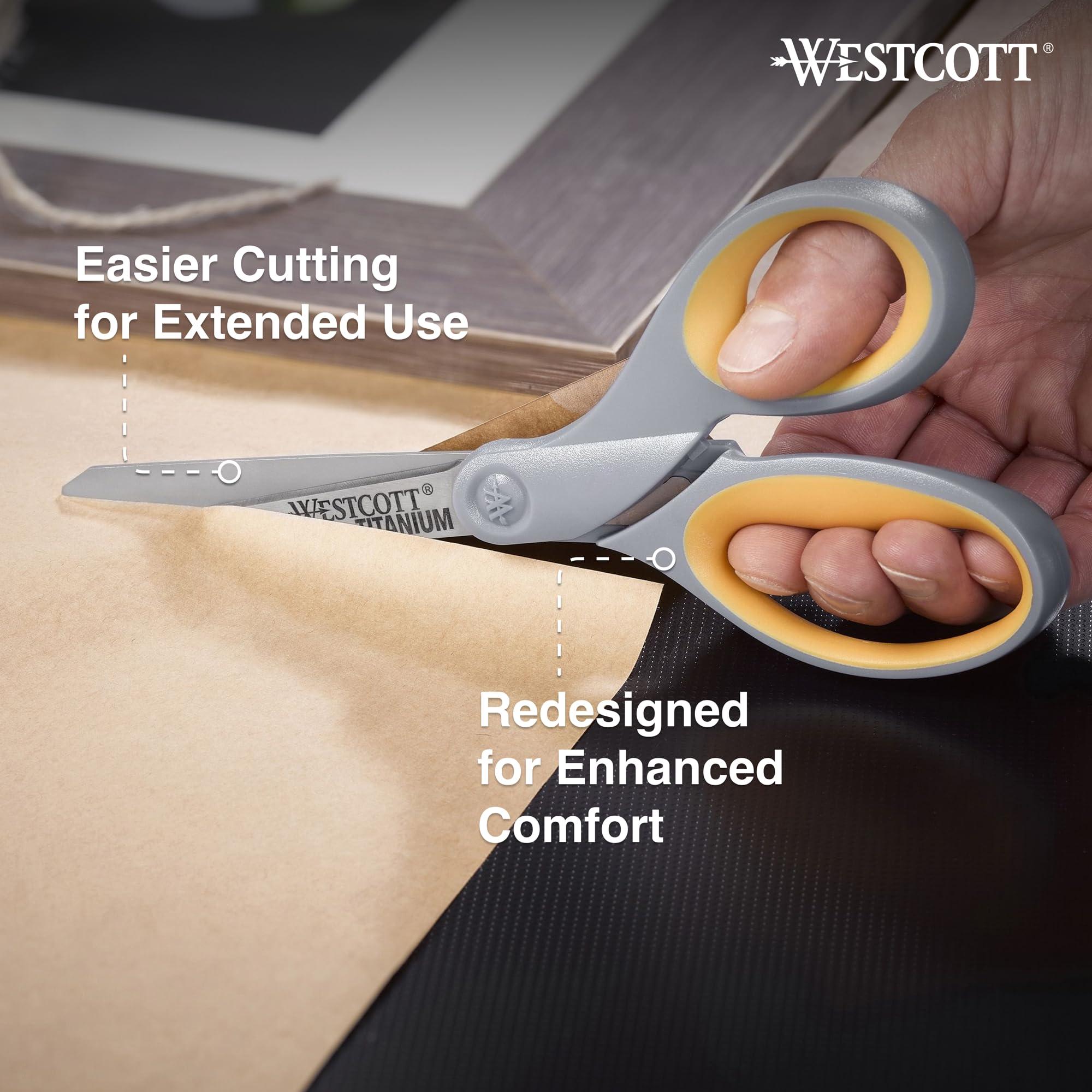 Westcott 8-Inch Titanium Bonded Scissors, Soft Handle, Straight Heavy Duty Scissors, Gray/Yellow, 4-Pack - Image 5