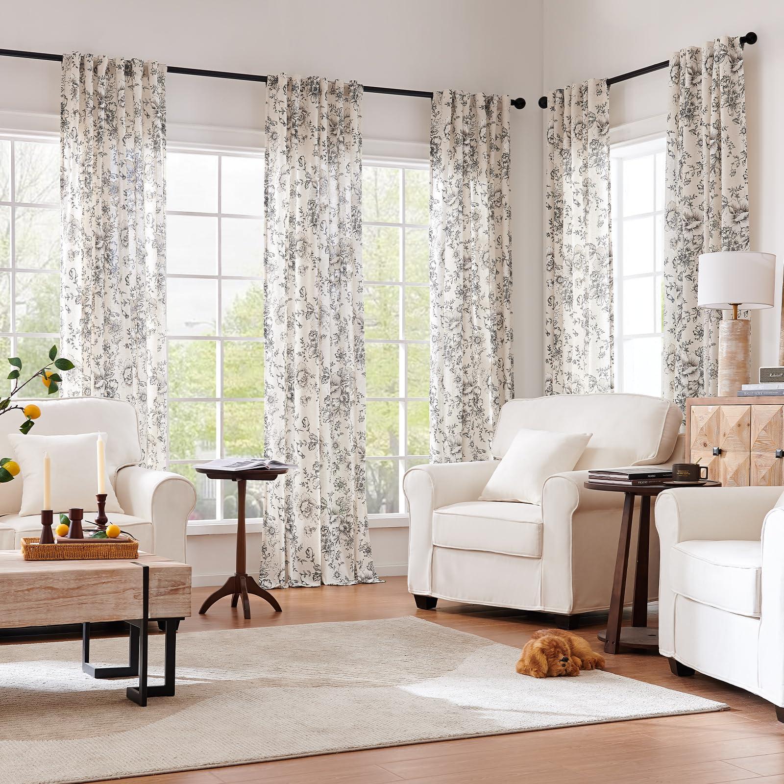 jinchan Linen Blend Curtain Floral Curtains for Living Room 84 Inch Length Black Printed Curtains Rod Pocket Back Tab Farmhouse Peony Flower Patterned Drapes Bedroom Window Curtain Set 2 Panels - Image 2