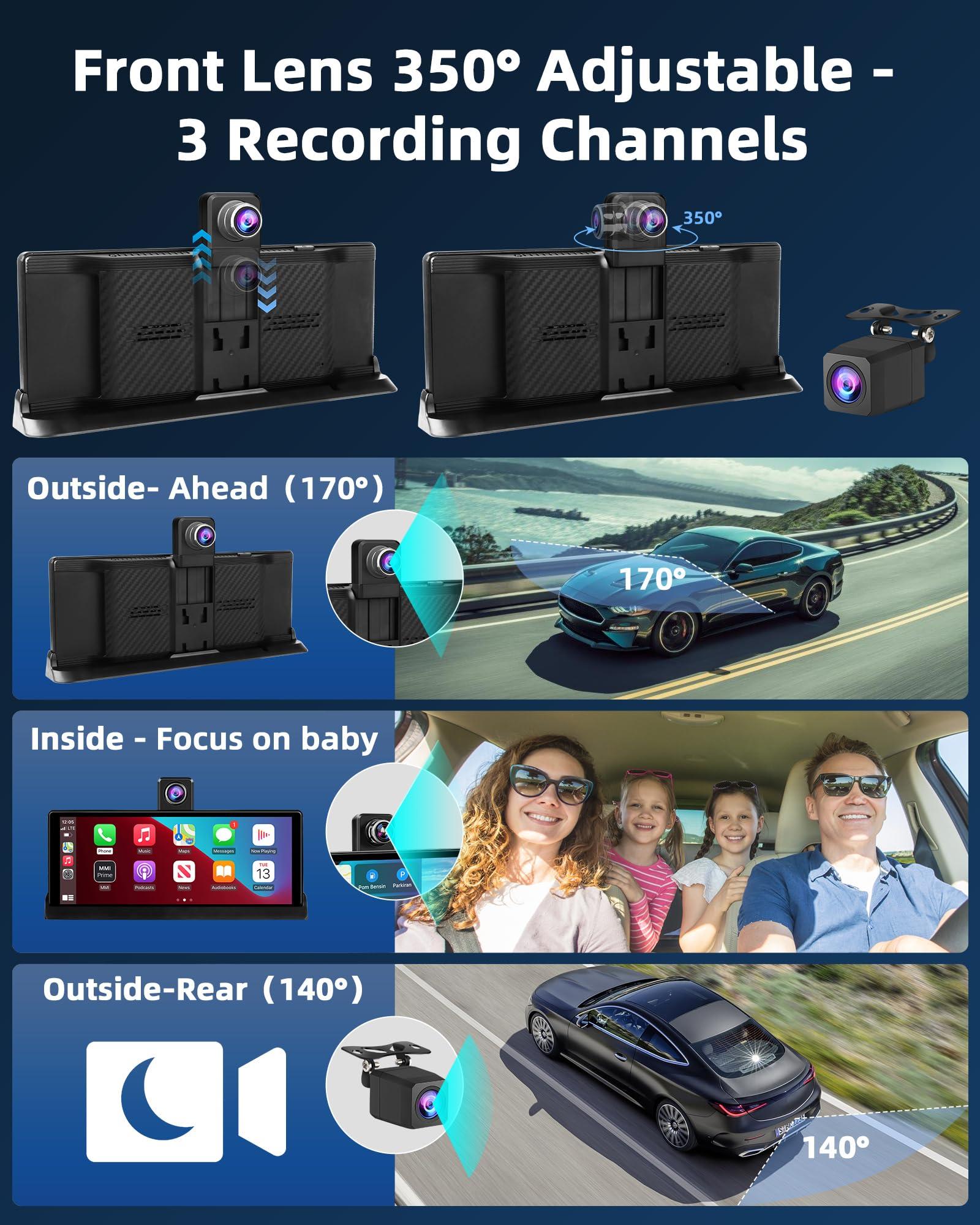 【350° Rotatable Lens】10.26''Wireless Apple CarPlay Screen for Car & 4K Dash Cam Portable Android Auto Car Stereo, Car Audio Receivers 1080P Backup Camera, Bluetooth/GPS Navigation/AirPlay/Googel/Siri - Image 2