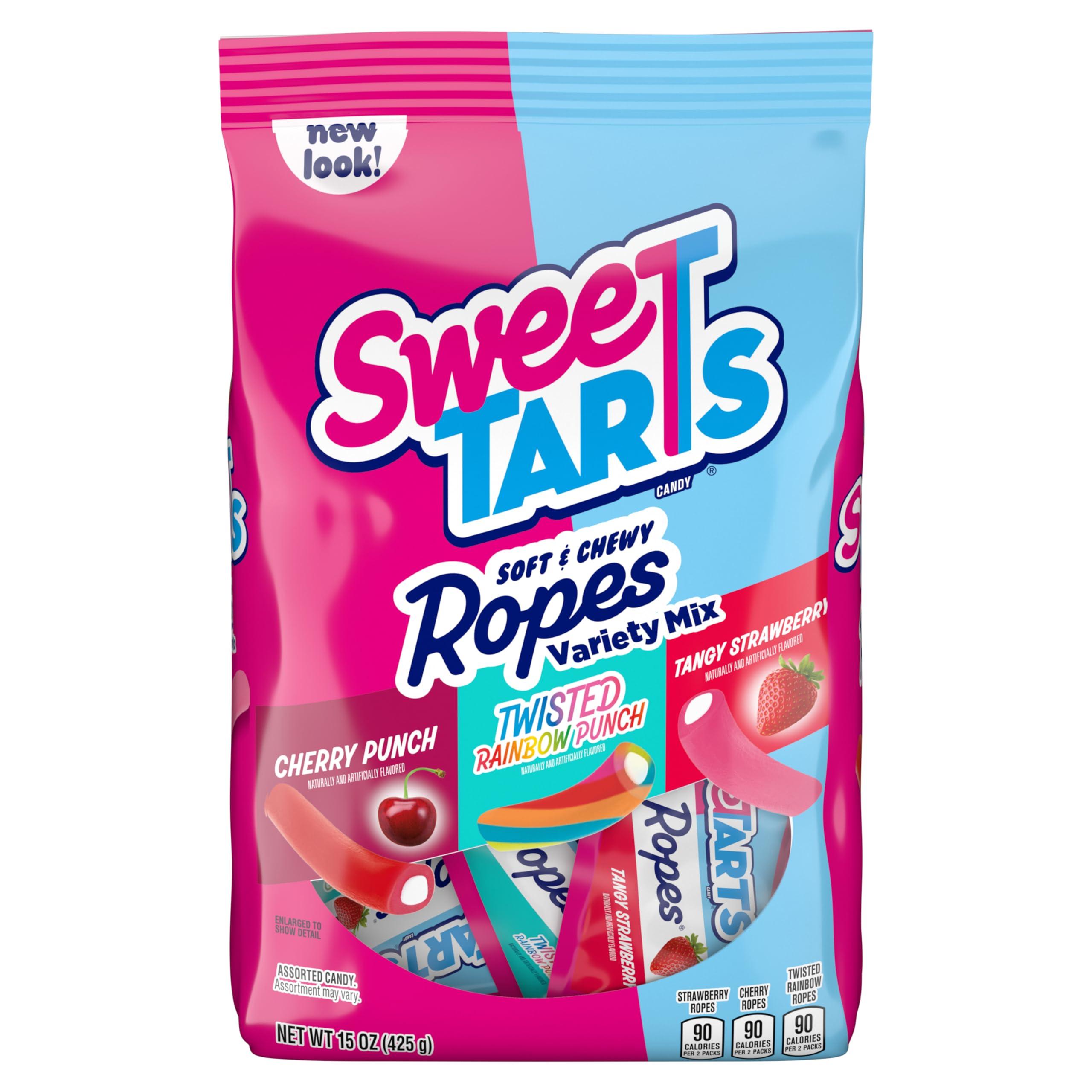SweeTARTS Ropes Candy, Variety Mix, Cherry Punch, Twisted Rainbow Punch, Tangy Strawberry, Soft and Chewy, 15 oz