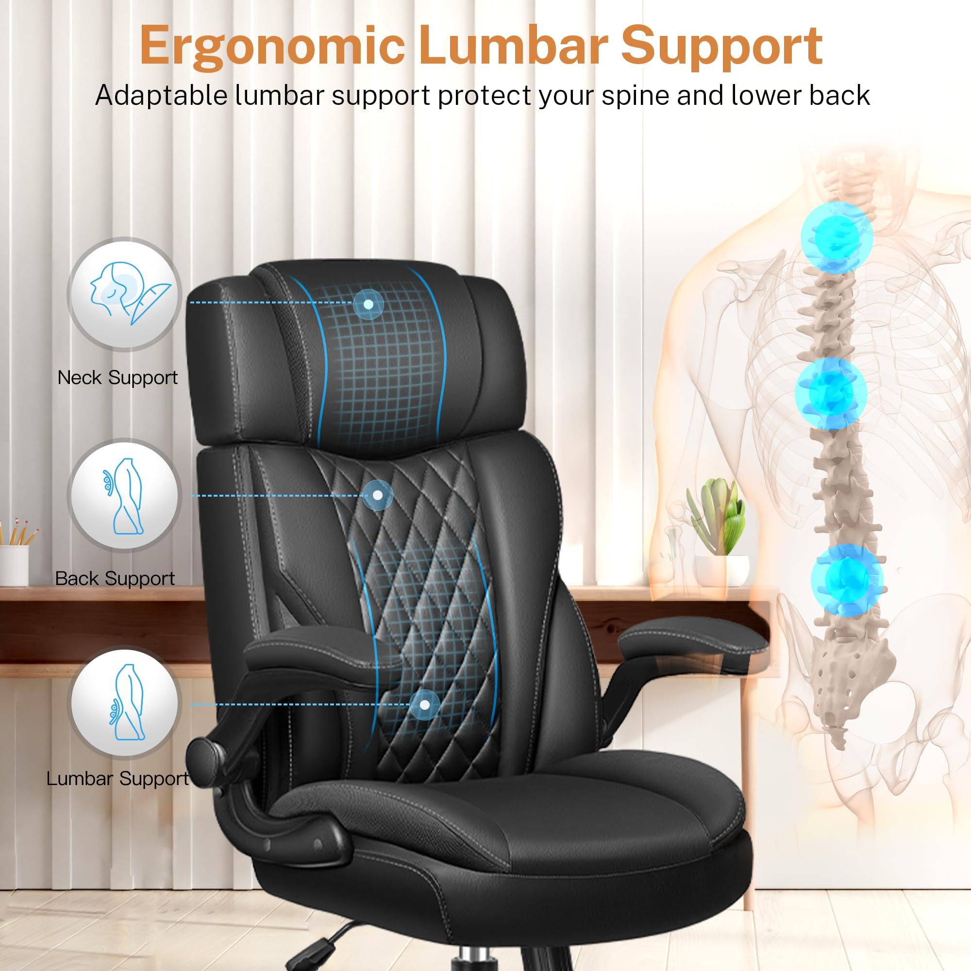 BestGlory Office Chair Flip Up Arms, Executive Leather Office Chair Ergonomic Desk Chair with Lumbar Support, Adjustable Headrest, Computer Chair Home Office Desk Chair with Rocking Function - Image 5
