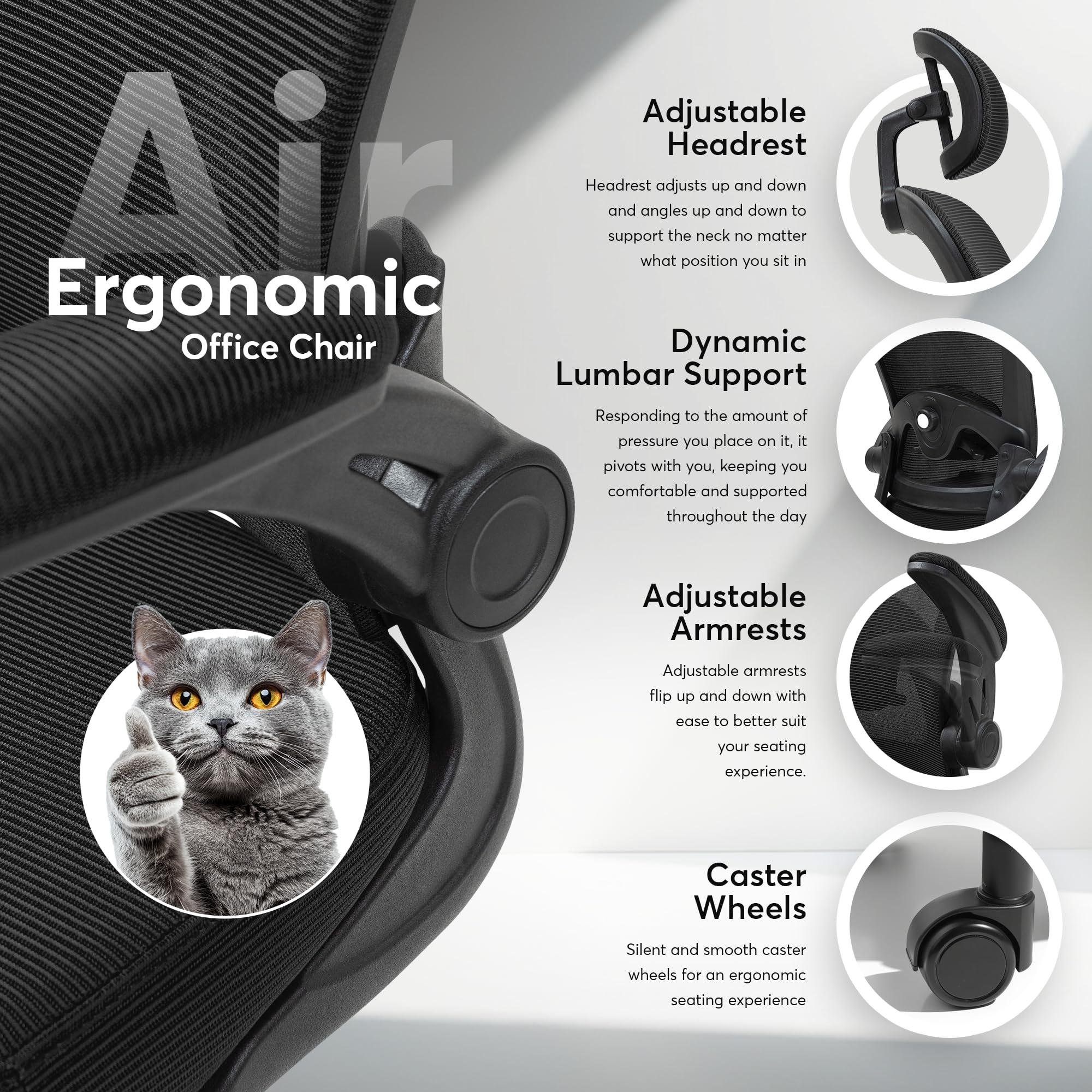Oline ErgoAir Ergonomic Office Chair – Adjustable Lumbar Support, Flip-Up Armrests, Mesh Computer Desk Chair, Swivel Rolling Executive Gaming Chair for Home & Office (Black) - Image 4