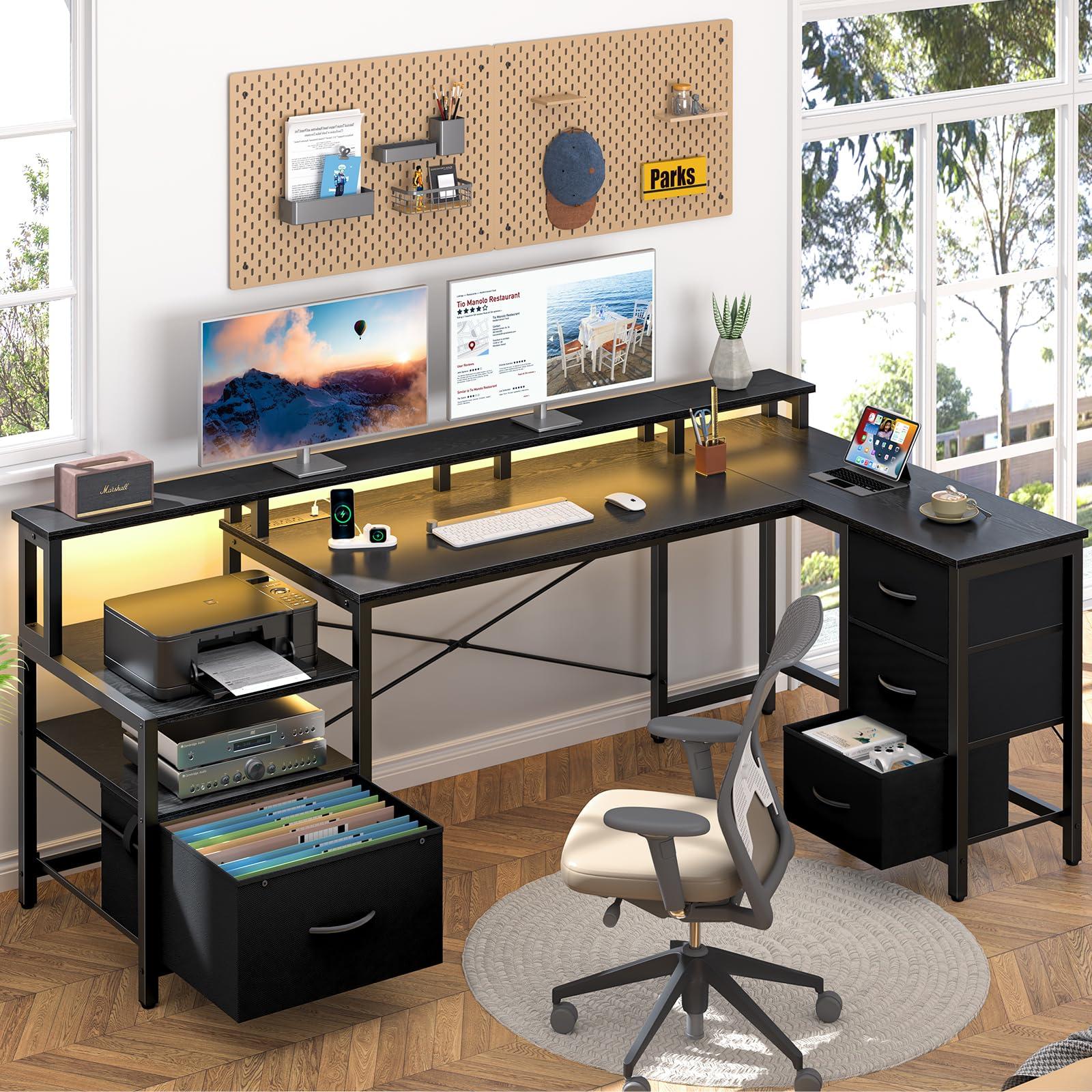 Yoobure L Shaped Desk with Drawers, Gaming Desk with LED Lights & Outlets, 75" Reversible Computer Desk with Storage File Cabinet & Printer Stand, Corner Desk Office Desk with Dual Monitor Stand Black - Image 5