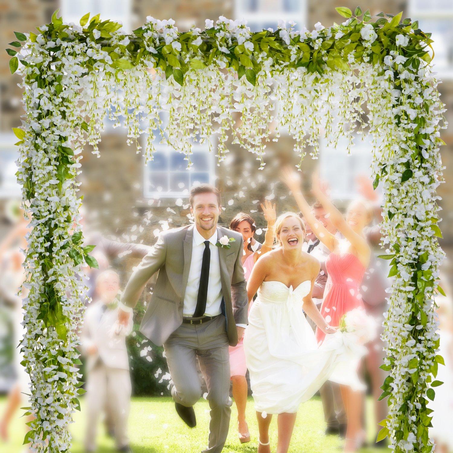 Lvydec Wisteria Artificial Flowers Garland, 4Pcs Total 28.8ft White Artificial Wisteria Vine Silk Hanging Flower for Home Garden Outdoor Ceremony Wedding Arch Floral Decor - Image 2