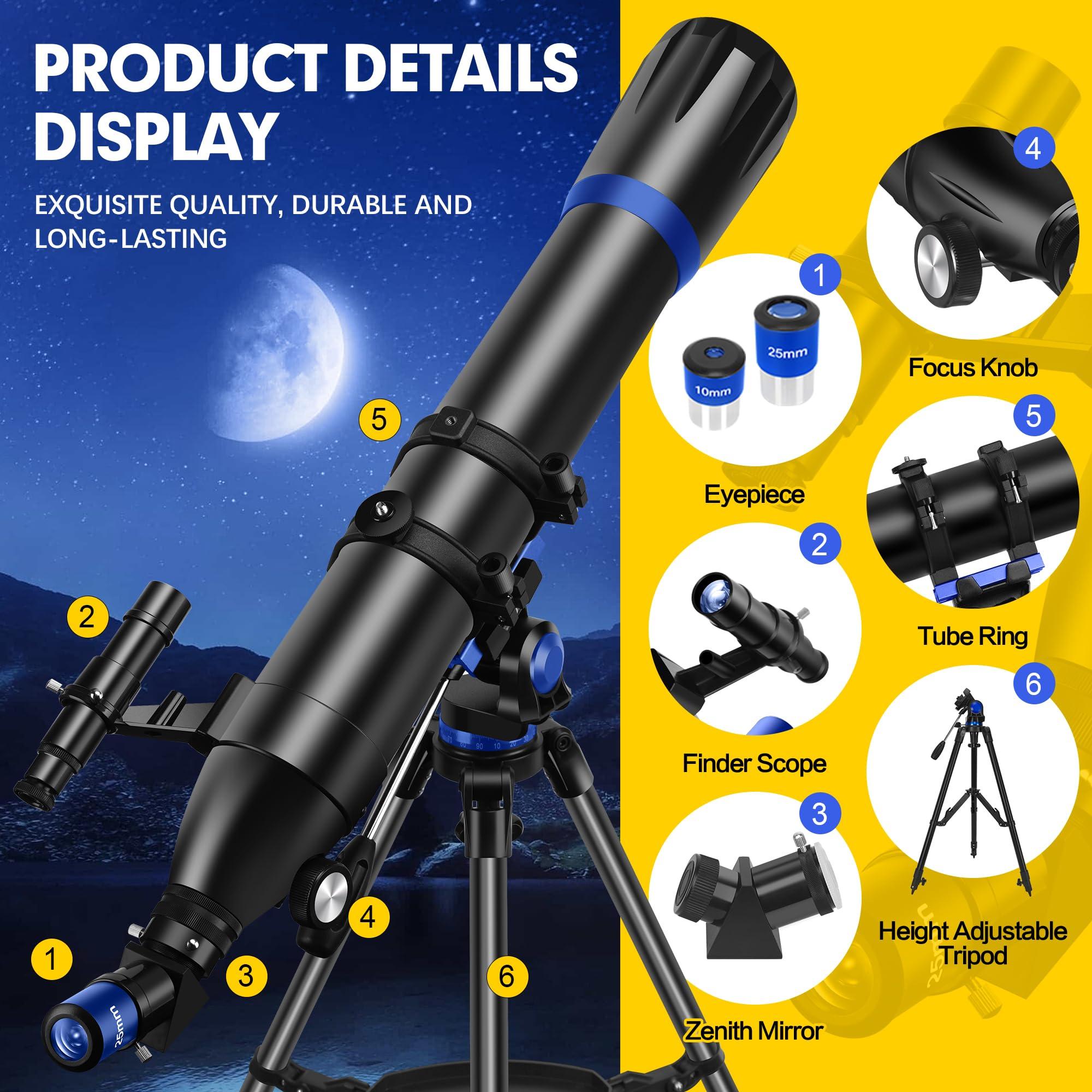 Telescope, 90mm Aperture 800mm-Telescope for Adults & Kids, Professional Refractor Telescopes for Adults High Powered, Beginner-Friendly, Phone Adapter & Stable Stainless Tripod, Portable Carry Bag - Image 5