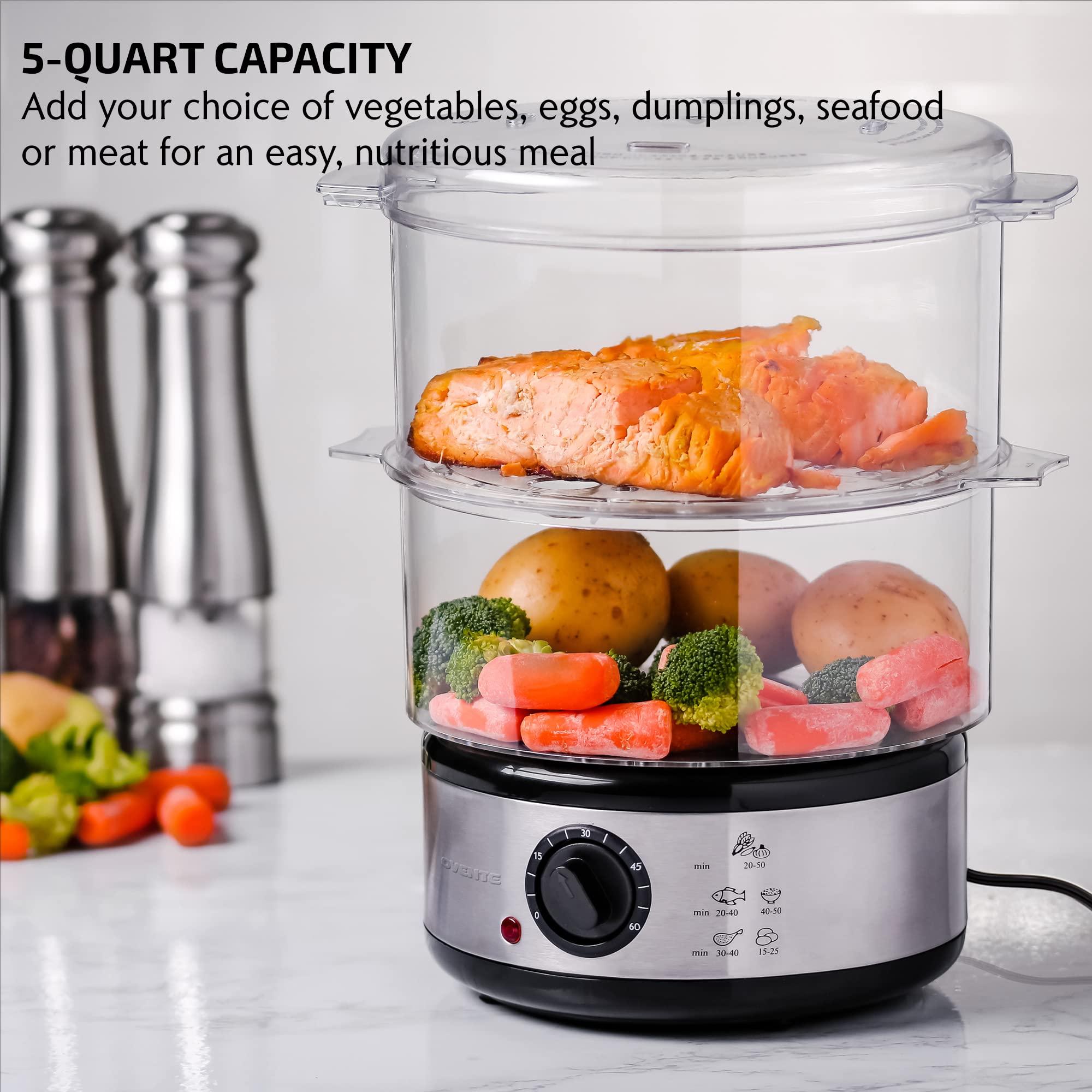 OVENTE 2 Tier Electric Food Steamer for Cooking Vegetables, Stainless Steel Base, Stackable and Dishwasher Safe Baskets, 400W with Auto Shutoff and 60-Minute Timer, 5 Quart Capacity, Silver FS62S - Image 4