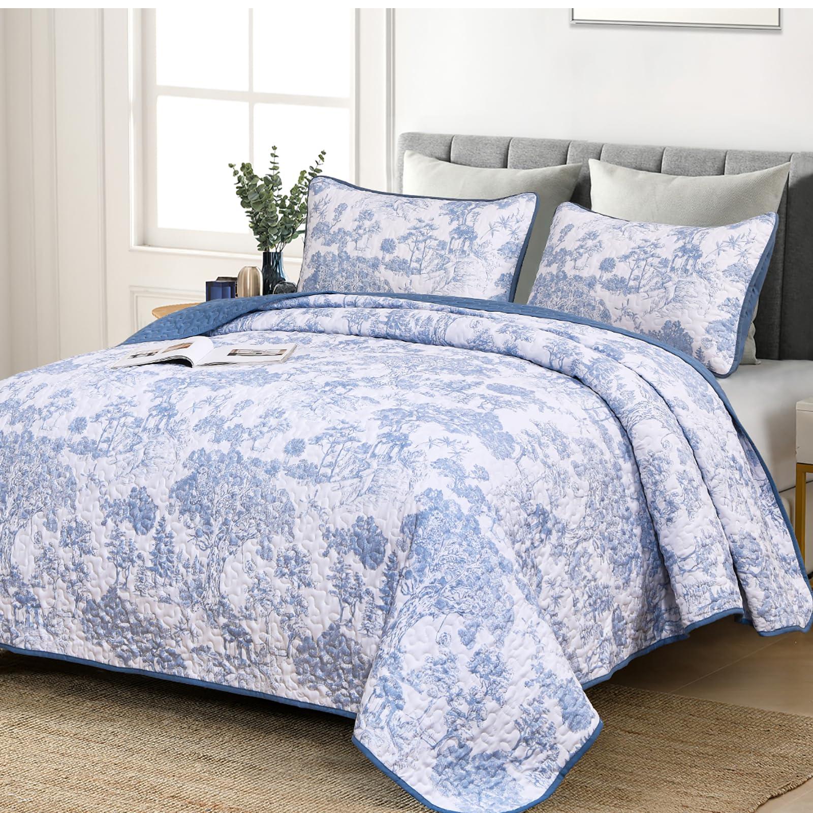 WONGS BEDDING Blue Quilt Set King Size, 3 Pieces Botanical Bedspreads Set Lightweight Microfiber Blue Toile Plants Pattern Coverlet Home Decor for All Seasons(104"×90") - Image 1