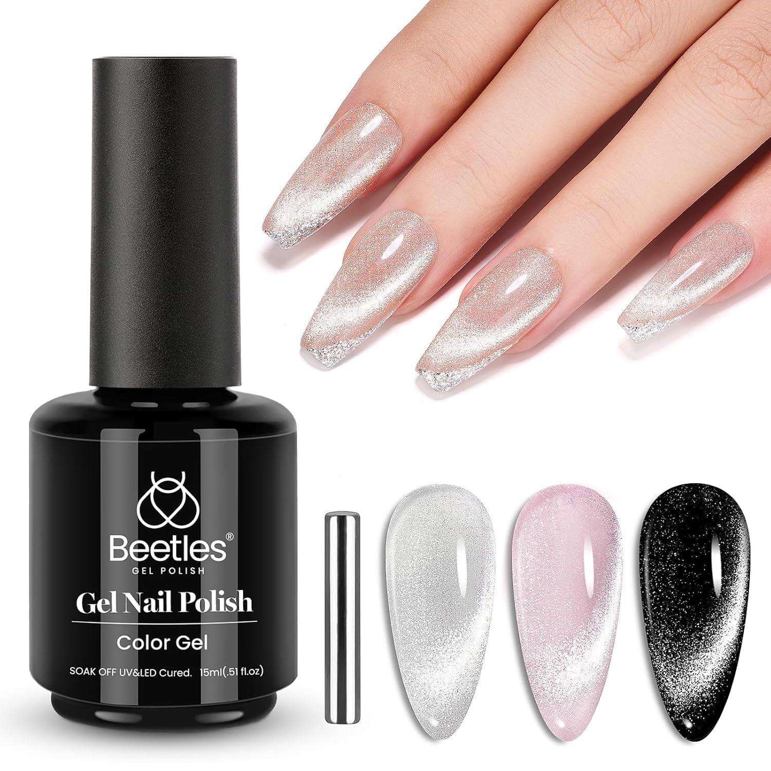 Beetles Cat Eye Gel Nail Polish - 15ml Silver Shimmer Gel Polish with Magnet Soak Off UV LED Nail Lamp Velvet Nail Polish Nail Art Salon DIY Home Manicure Gift for Women