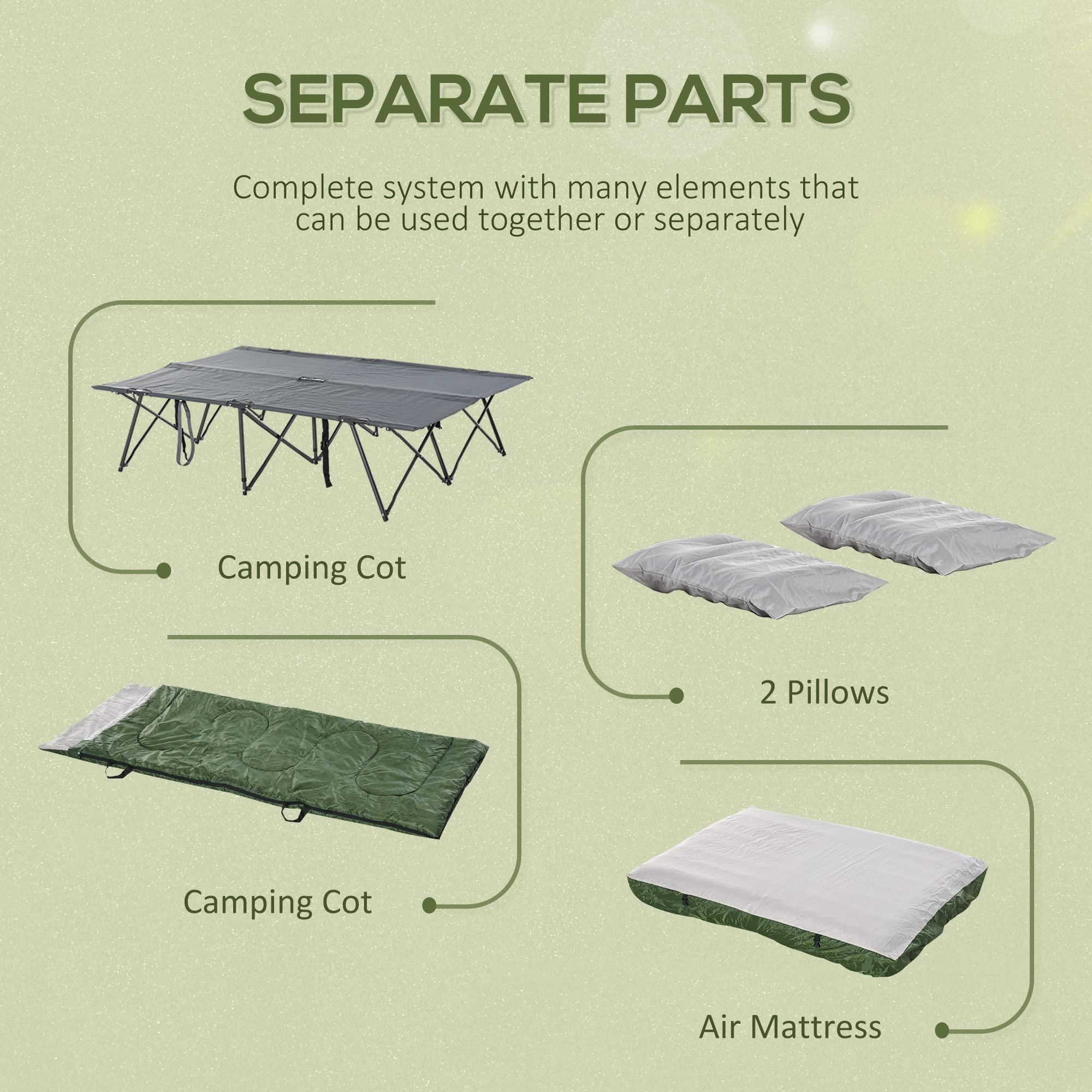 Outsunny 2-Person Folding Camping Cot Portable Outdoor Bed Set with Sleeping Bag, Inflatable Air Mattress, Comfort Pillows and Carry Bag, Soft and Comfortable for Outdoor Travel Camp Beach Vacation - Image 5
