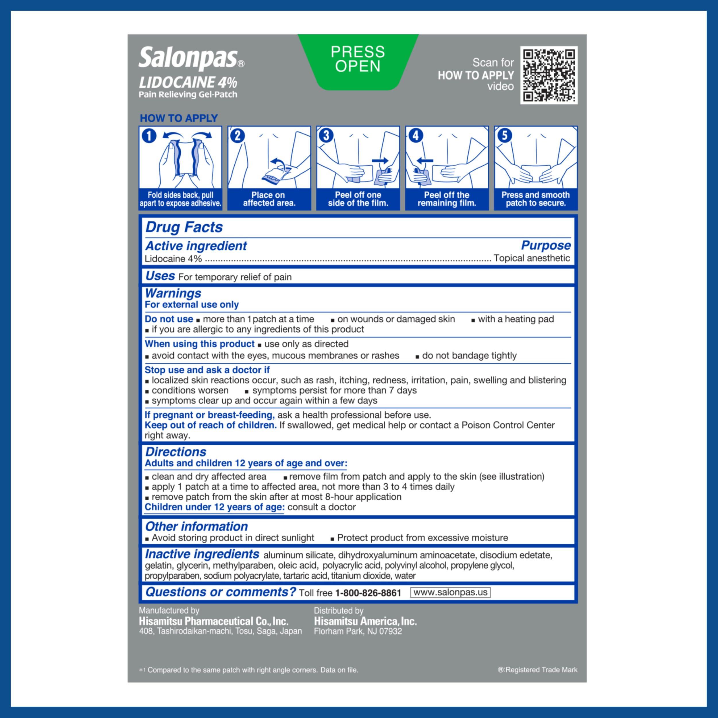 Salonpas Lidocaine 4% Pain Relieving Gel-Patch, 6 Count, for Back, Neck, Shoulder, Knee & Elbow Pain - Image 7