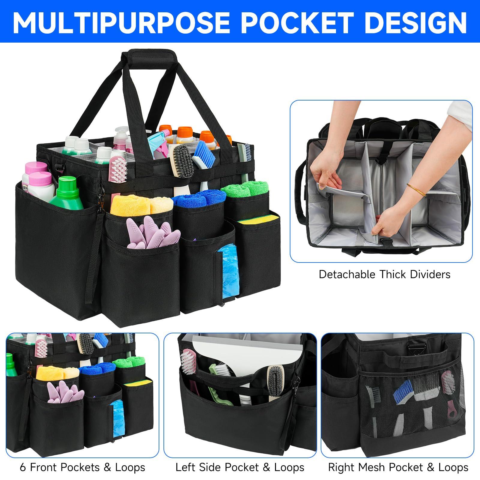 ZIOZERTT Large Rolling Cleaning Caddy Bag with Detachable Trolley,Cleaning Cart on Wheels with Shoulder Strap,Cleaning Supplies Organizer for Housekeepers,Black - Image 4
