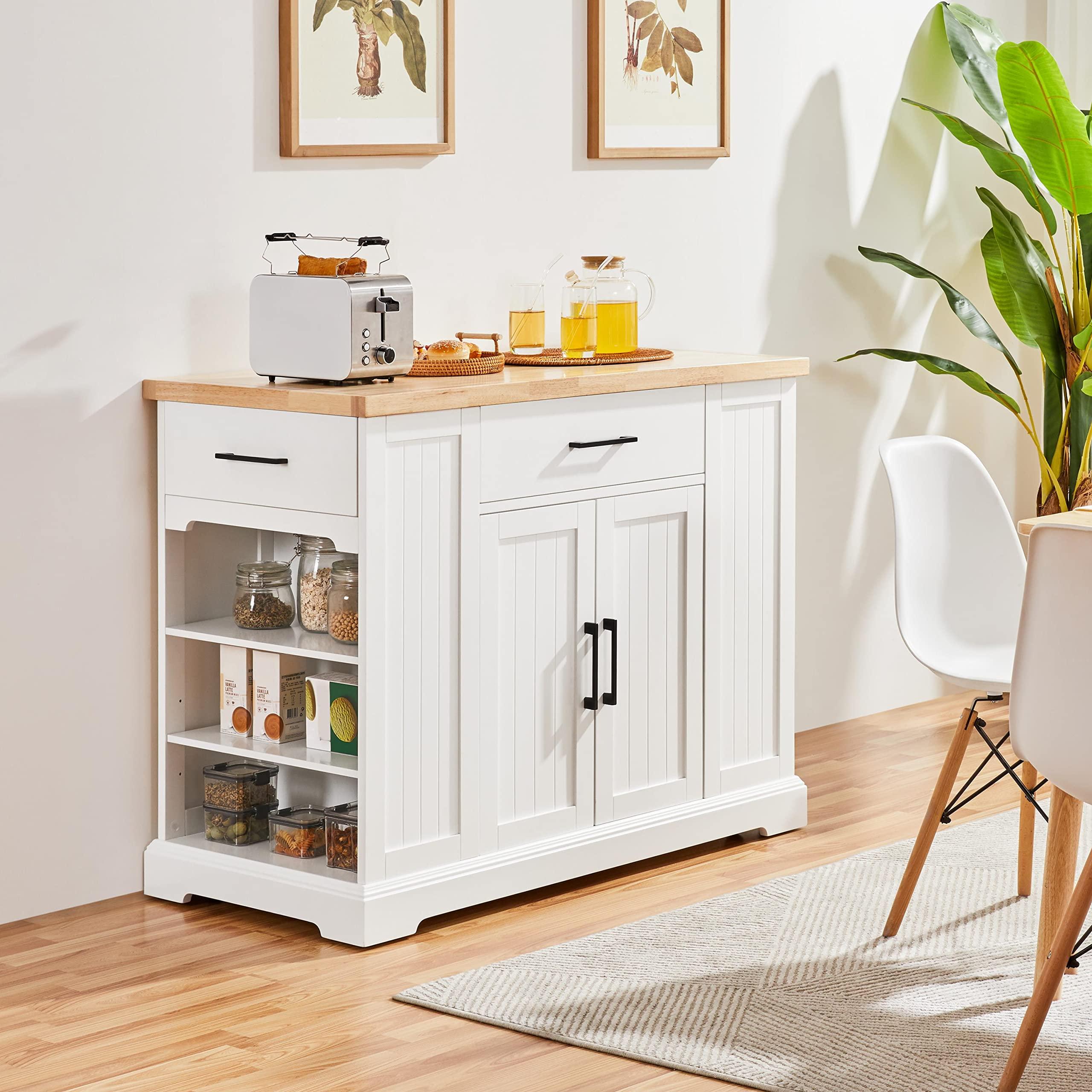 Yaheetech Rolling Kitchen Island Cart with 3 Drawers, Kitchen Storage Cabinet on Wheels with Open Shelves and Inner Adjustable Shelves for Dining Room/Living Room, Thicker Rubberwood Top, White - Image 2