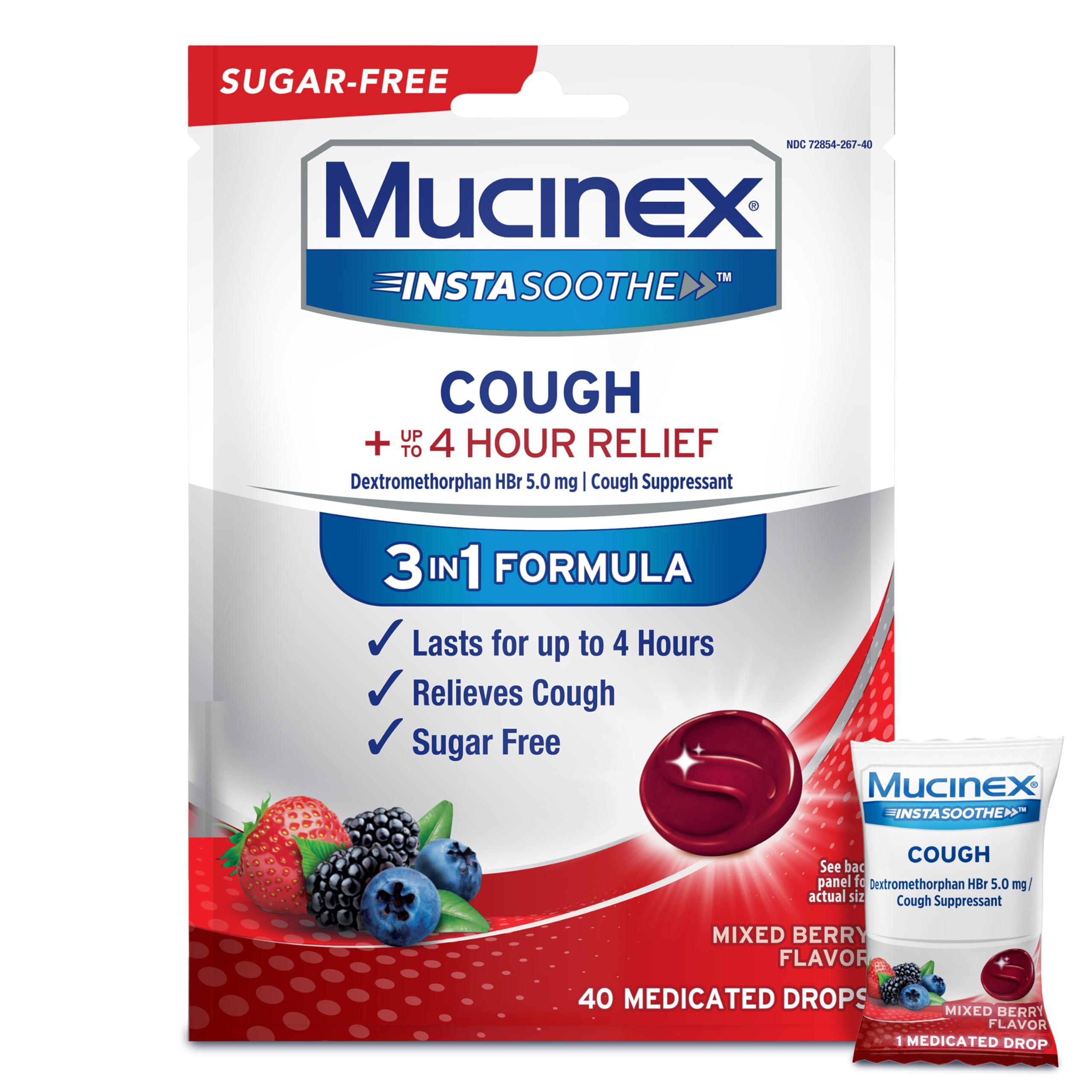 Mucinex Instasoothe Sugar Free Cough Drops, Cough Medicine for Adults with Dextromethorphan HBr, Non Menthol Cough Drops, Cough Suppressant Lozenges, Mixed Berry Medicated Cough Drops, 40ct