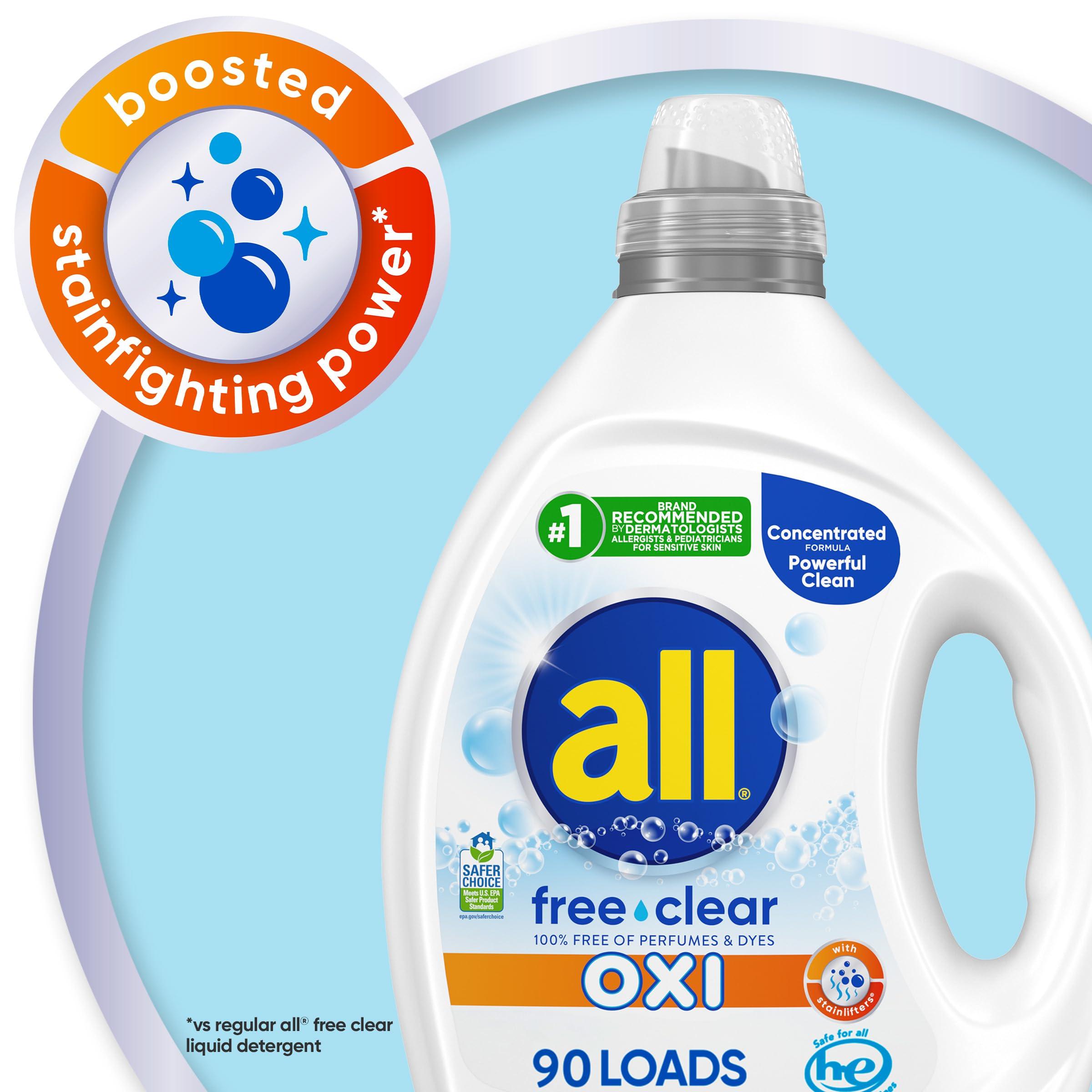 all Liquid Laundry Detergent, Free Clear for Sensitive Skin with OXI, Unscented and Hypoallergenic, 2X Concentrated, 90 Loads - Image 3