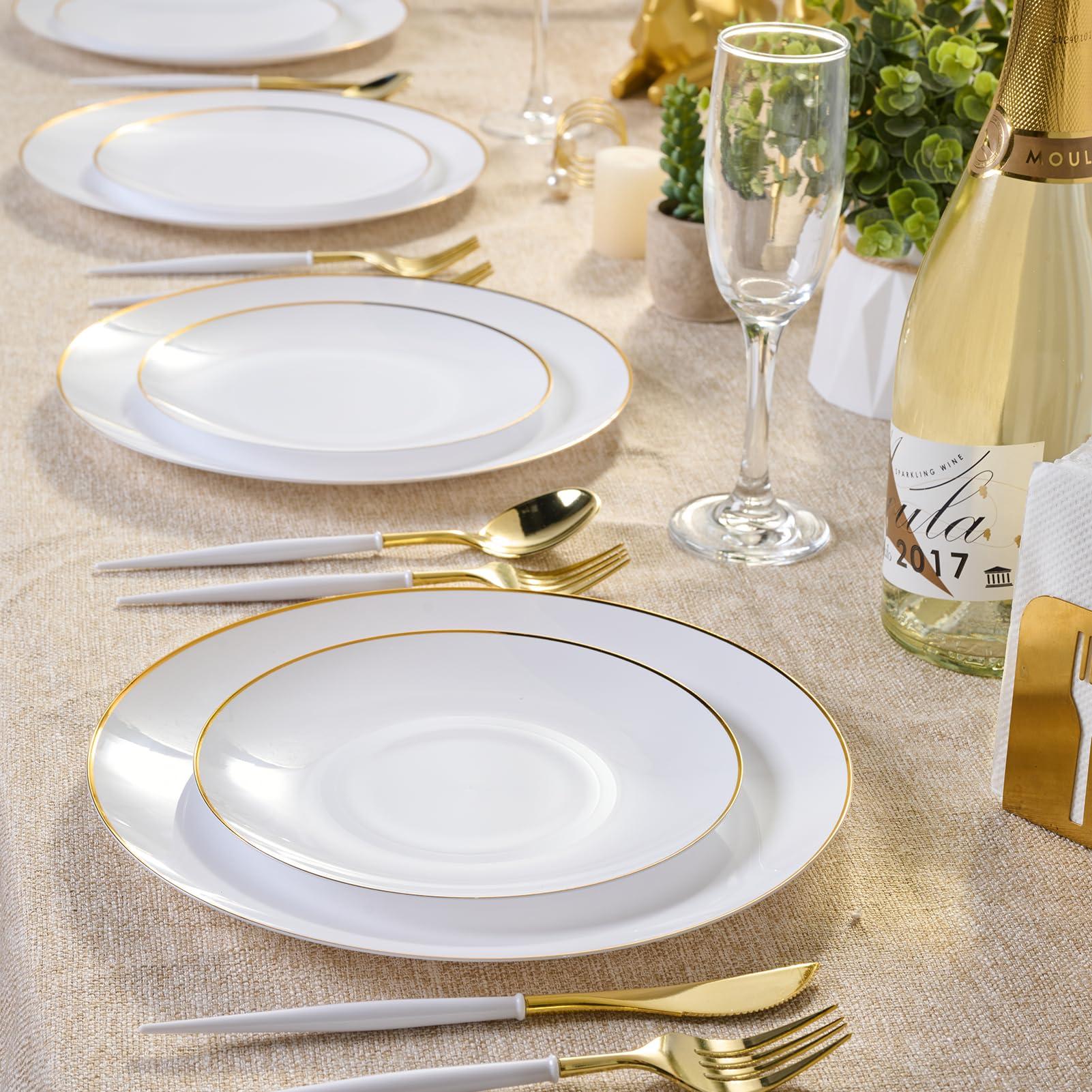 FOCUSLINE 100 Count Gold Plastic Plates 10.25 Inch, Disposable Heavy Duty Dinner Plates, Premium Hard Plastic Plate Fancy Disposable White Plate with Gold Rim - Image 2