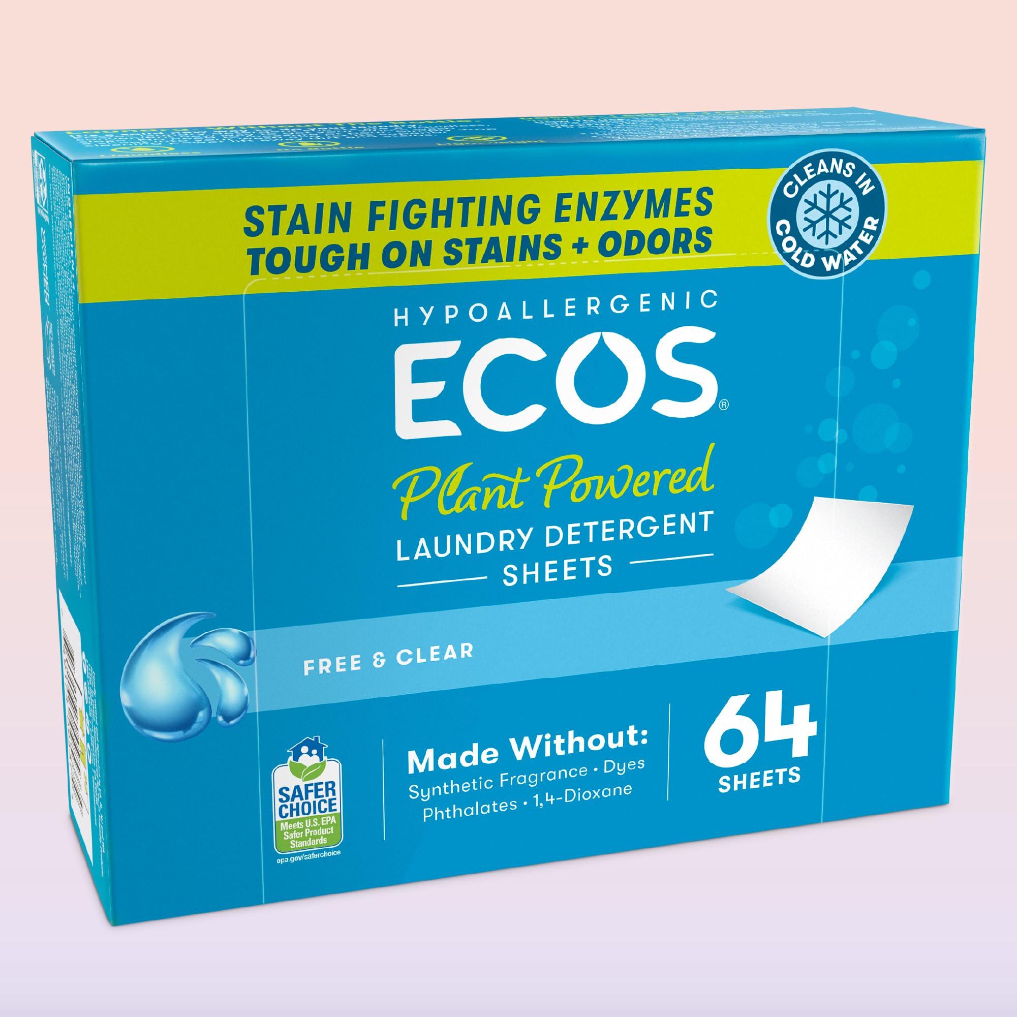 ECOS Laundry Detergent Sheets Vegan, No Plastic Jug, No Mess & Liquid Free - Laundry Sheets in Washer - Hypoallergenic, Plant Powered Laundry Detergent Sheets - Free and Clear - 64 Sheets (Pack of 1) - Image 2