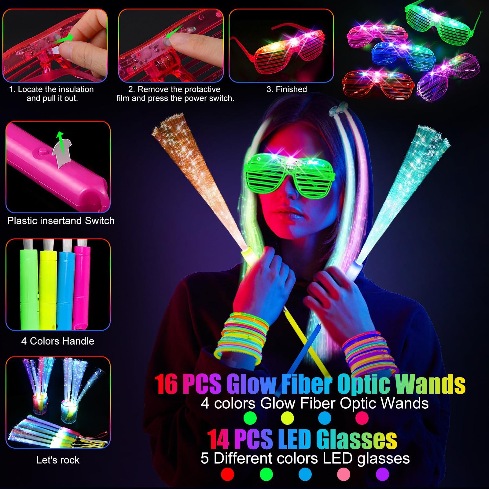 OLUPP 148 PCS Glow in the Dark Party Supplies, 16 Fiber Optic Wands, 14 LED Glasses, 100 Glow Sticks and 18 LED Hair Clips Fiber Optic for Neon Party, Wedding, Birthday, Concert, New Year - Image 7