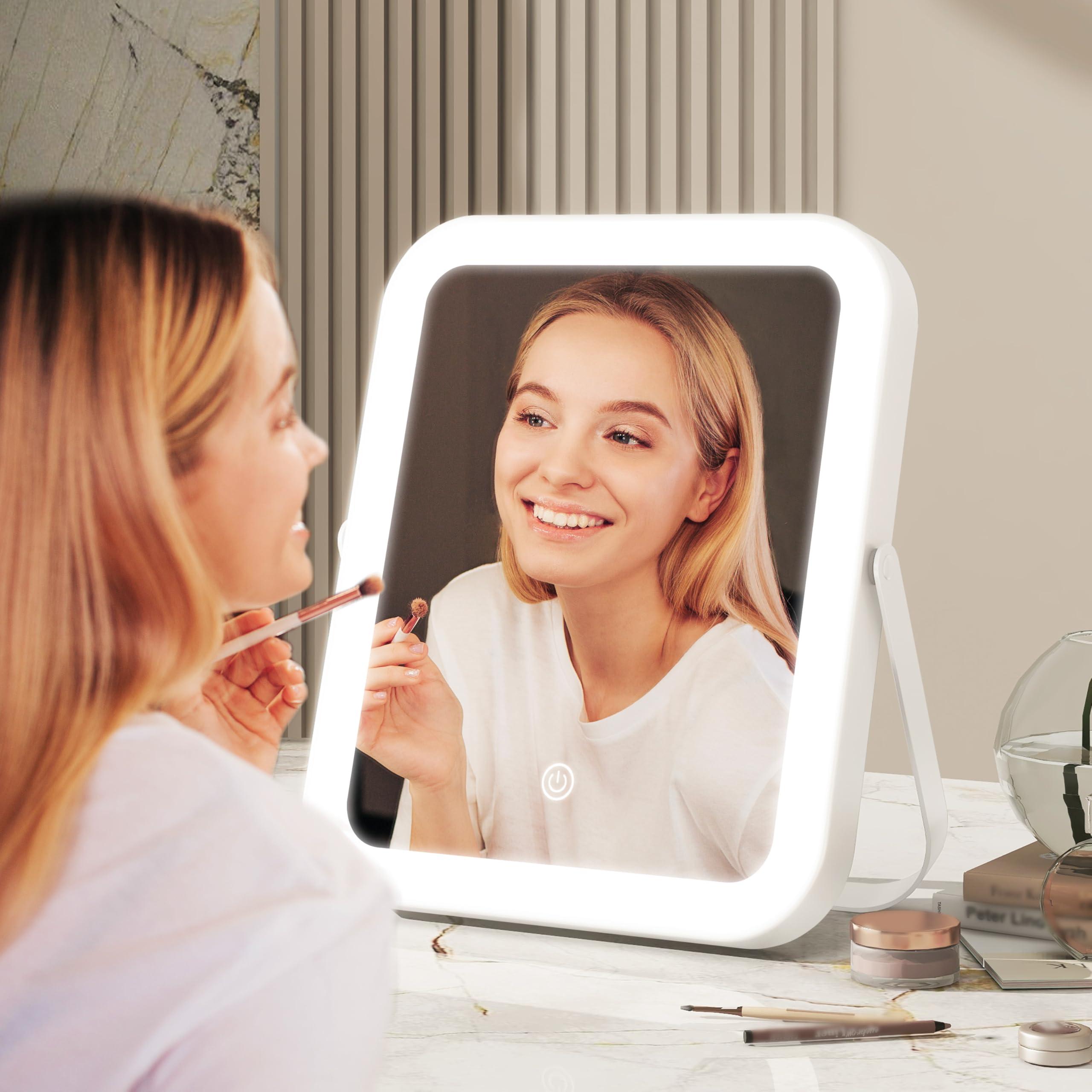 ROLOVE 8x10 Inch Lighted Vanity Mirror, 3-Color Dimmable LED Lighting & Touch Control, Portable Makeup Mirror with U-Bracket for Travel/Dressing Room (White) - Image 8