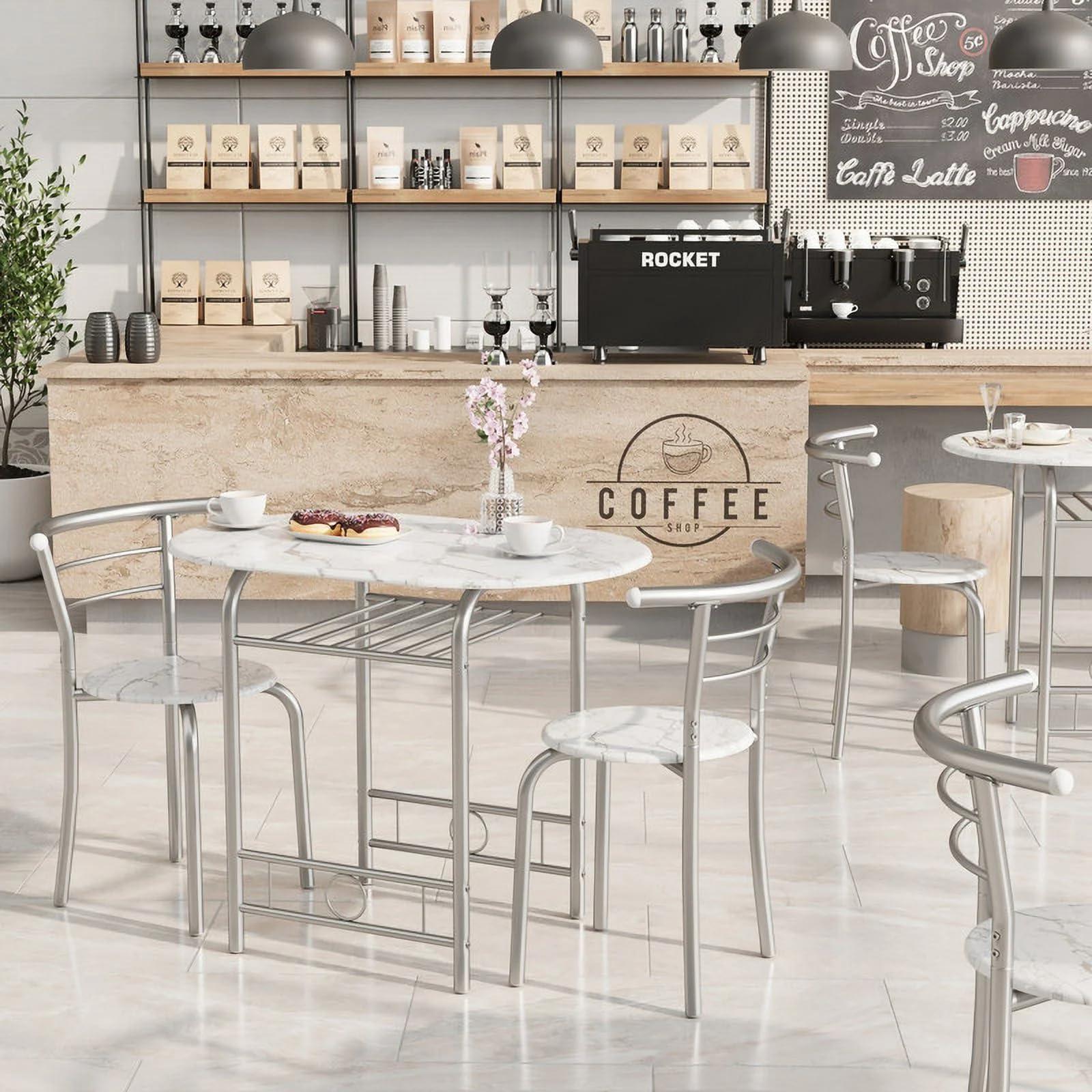 Shahoo 3-Piece Wooden Dining Table Set, Kitchen Breakfast Nook Sets with 2 Chairs & Round Tabletop, Space Saving Furniture Metal Frame and Built-in Wine Rack, Marble White - Image 3
