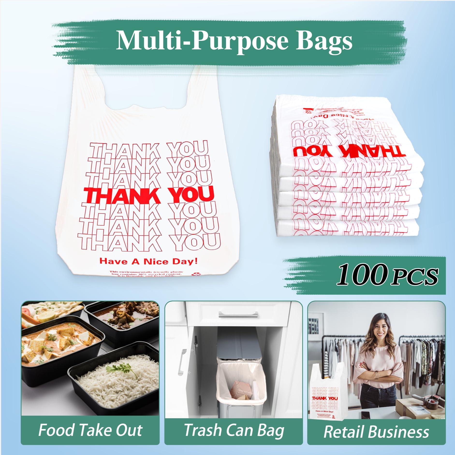 YoYoRain White Thank you T shirt bag, Grocery shopping bag Reusable and Disposable Supermarket Bag 11''x6''x21'' 100PCS - Image 6