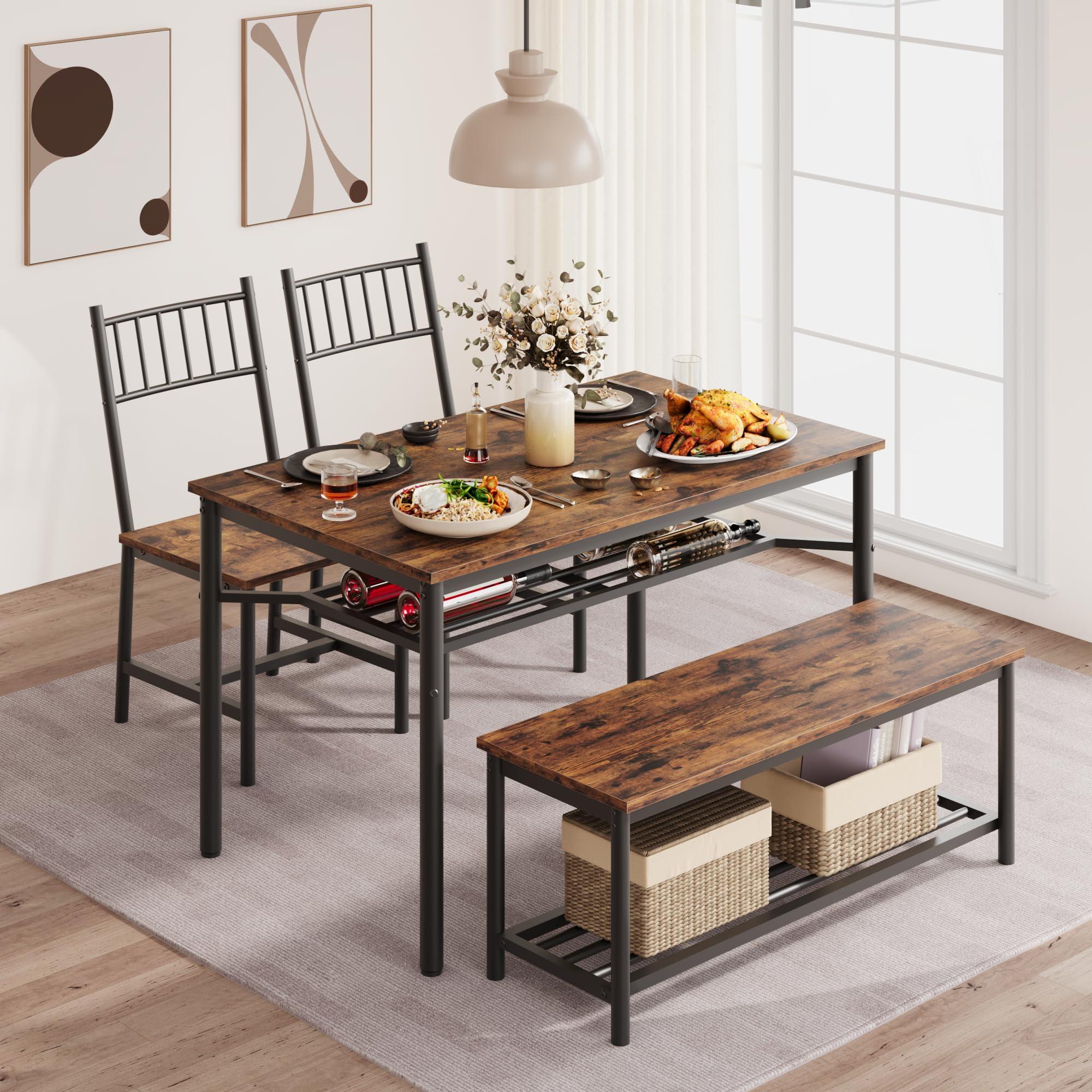IDEALHOUSE Dining Table Set for 4, Kitchen Table and 2 Chairs with Storage Bench, 47.2" Rectangular Kitchen Table Set with Wine Rack, Dining Room Table Set for Small Space, Apartment, Rustic Brown - Image 4