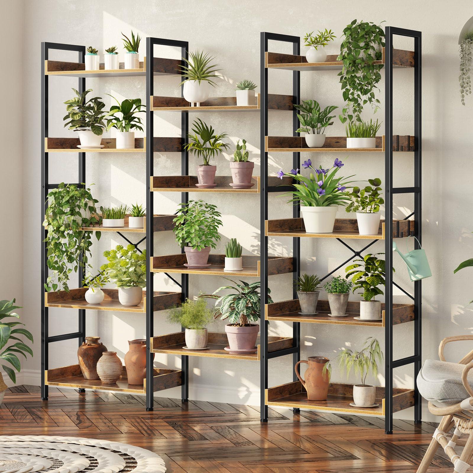 Rolanstar Bookshelf 5 Tiers with 4 Hooks, Triple Bookcase with Open Display Shelves, Industrial Wide Bookshelf with Metal Frame for Living Room, Office, Rustic Brown - Image 4