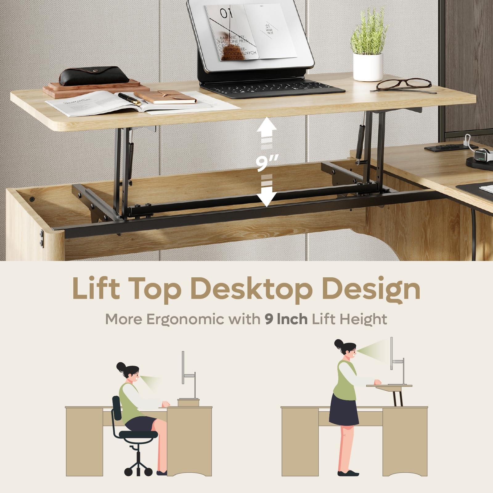 Bestier L Shaped Desk with Lift Desktop, 55 inch Corner Desk with Fluted Panel Deisgn Drawers, Modern Office Desk with File Drawer (Natual Oak, 55'' x 55'' Lift Top) - Image 7