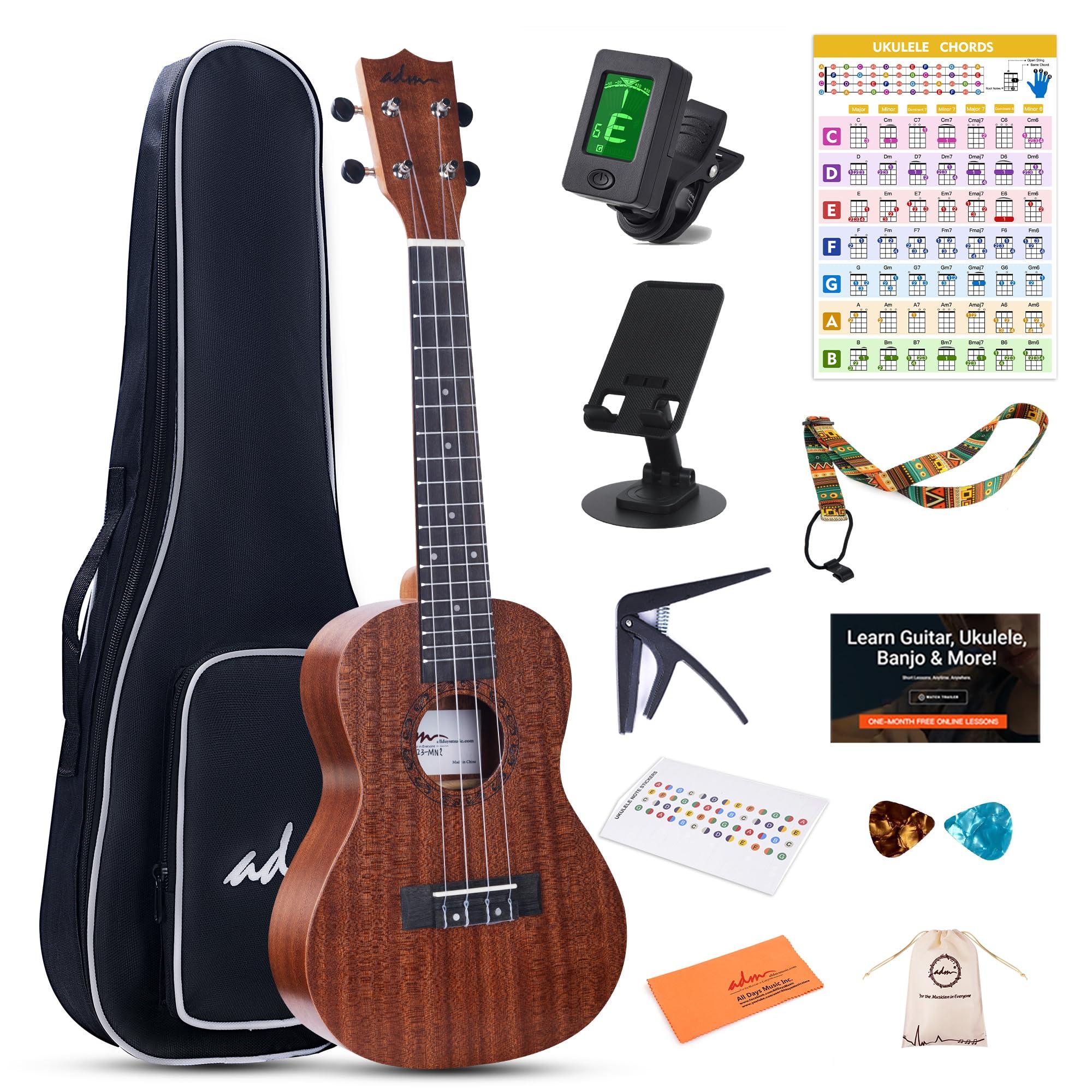 ADM Concert Ukulele Beginner Kit Mahogany Hawaiian Wood Ukelele Bundle Ukalalee Set with Uke Free Starter Lessons for kids Students and Adults, Yellow Brown (Khaki, 23 inch)