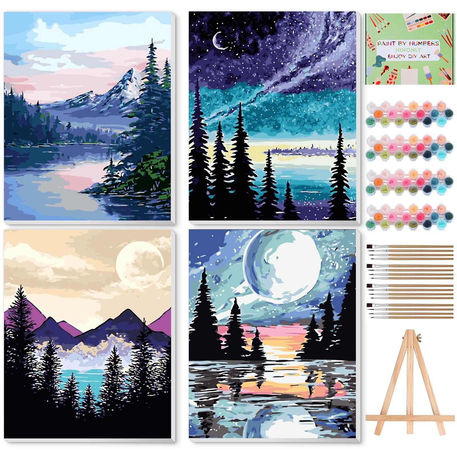 Ninonly 4 Pack Paint by Number for Adults Framed Canvas, DIY Arts and Crafts for Adults Beginner with Wooden Easel, Paint Brushes, Acrylic Paint Set for Home Wall Decor, 9 * 12 Inch