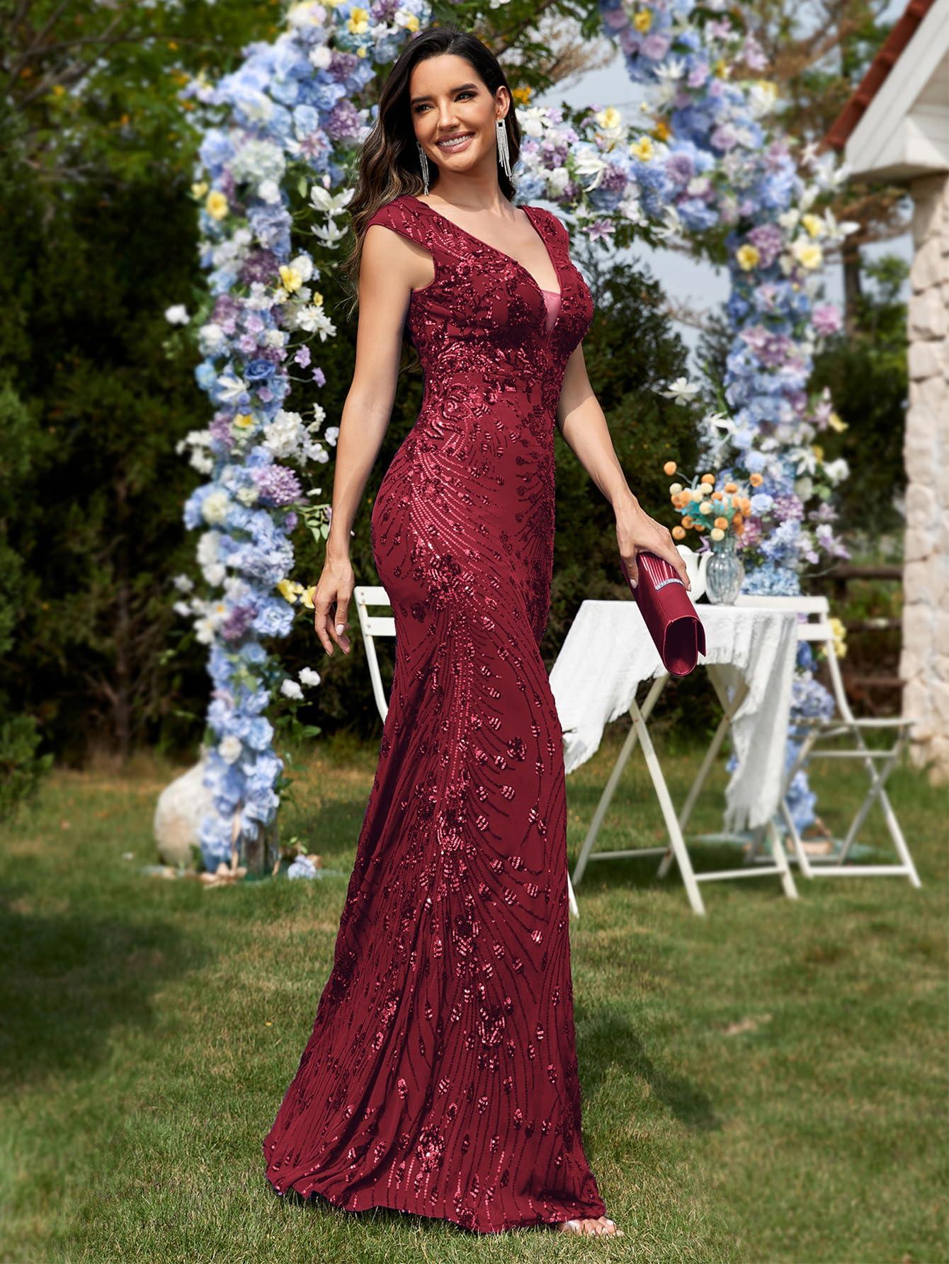 Womens Sequined Long Evening Gown Glamous Sleeveless V-Neck Mermaid Prom Dress for Wedding Party Club Occasions - Image 6