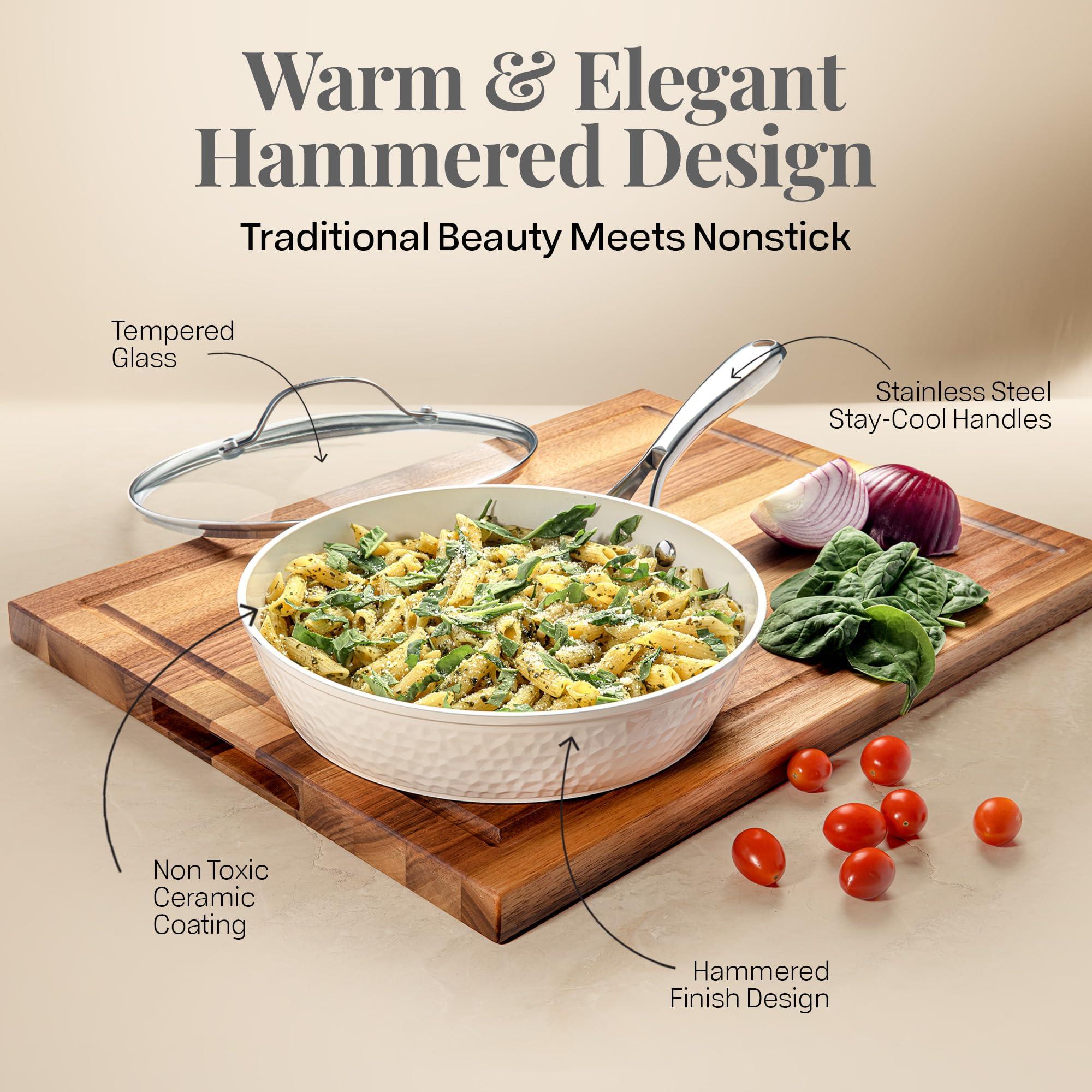 GOTHAM STEEL Hammered 10 Inch Non Stick Frying Pans with Lid, Frying Pans Nonstick with Lid, Non Toxic PFOA PFOS Free, Skillet Pan for Cooking, Induction Oven and Dishwasher Safe – Cream - Image 2