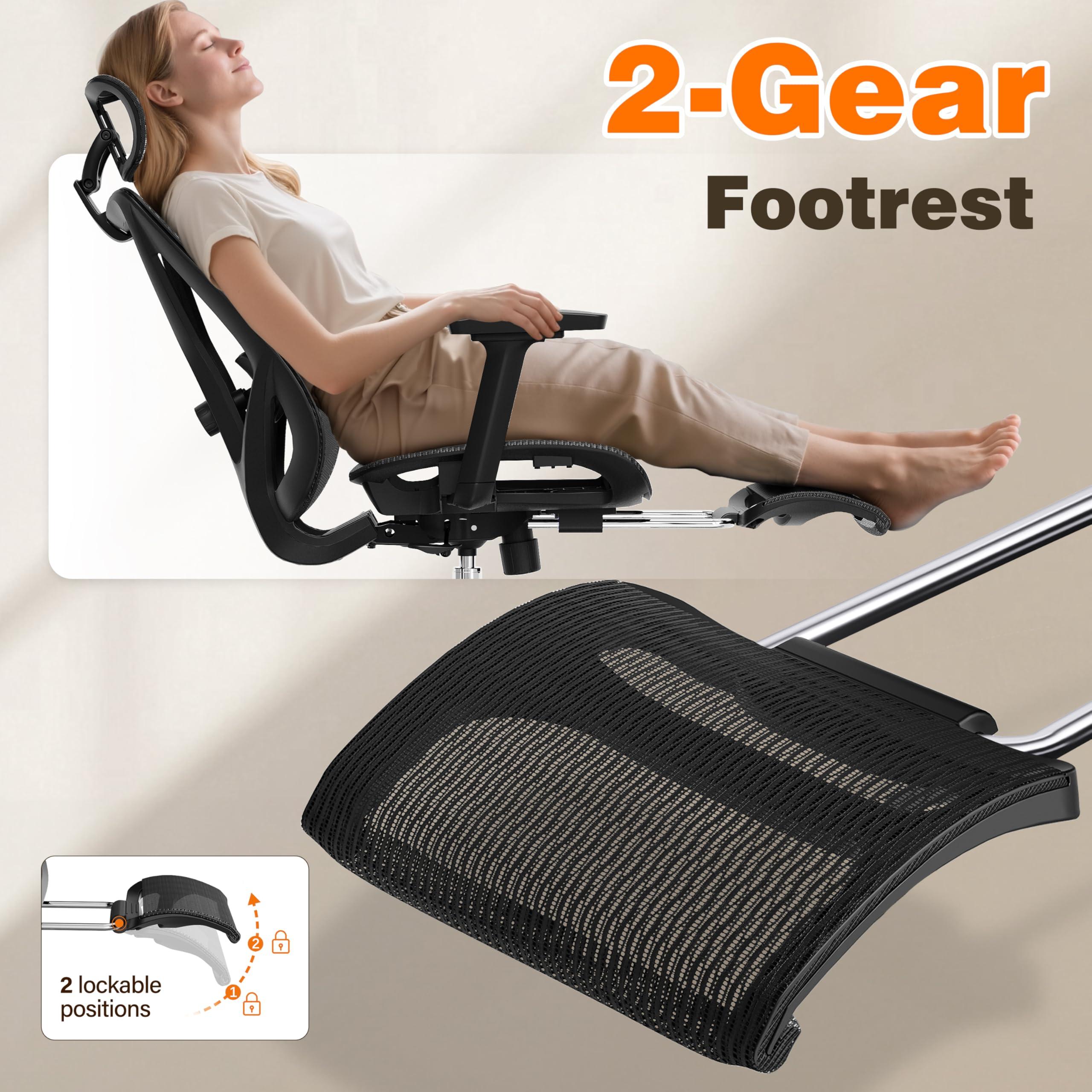 GABRYLLY Ergonomic Office Chair with Adjustable Lumbar Support, 3D Armrests & Headrest, 135° Reclining Chair with Footrest & Large Steel Base,300LBS Swivel Desk Chair(GYMN01) - Image 5