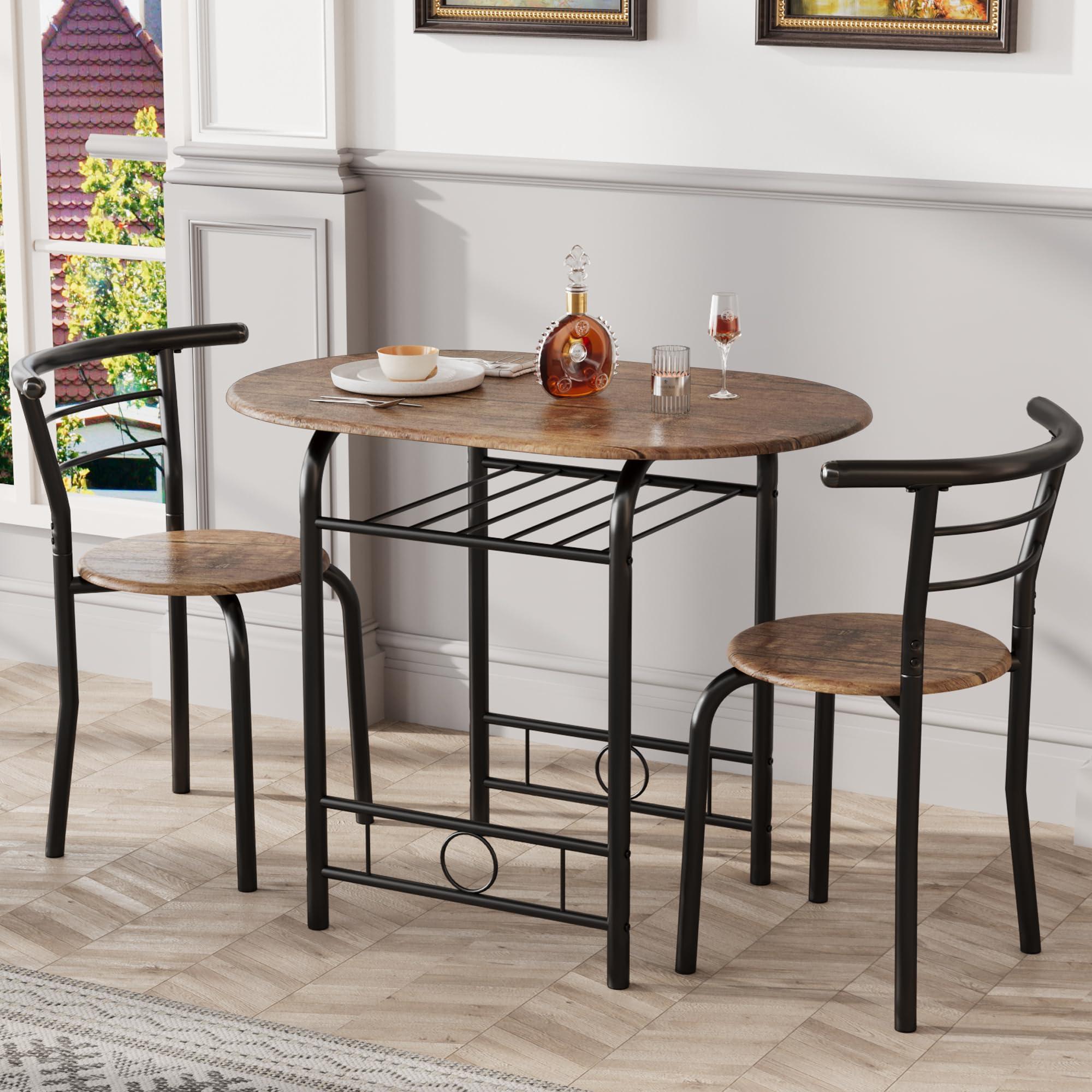 JUMMICO 3-Piece Wooden Round Table & Chair Set, Space Saving Kitchen Breakfast Nook Wood Grain Tabletop with Metal Frame and Built-in Wine Rack for Kitchen, Dining Room (Brown/Black) - Image 2
