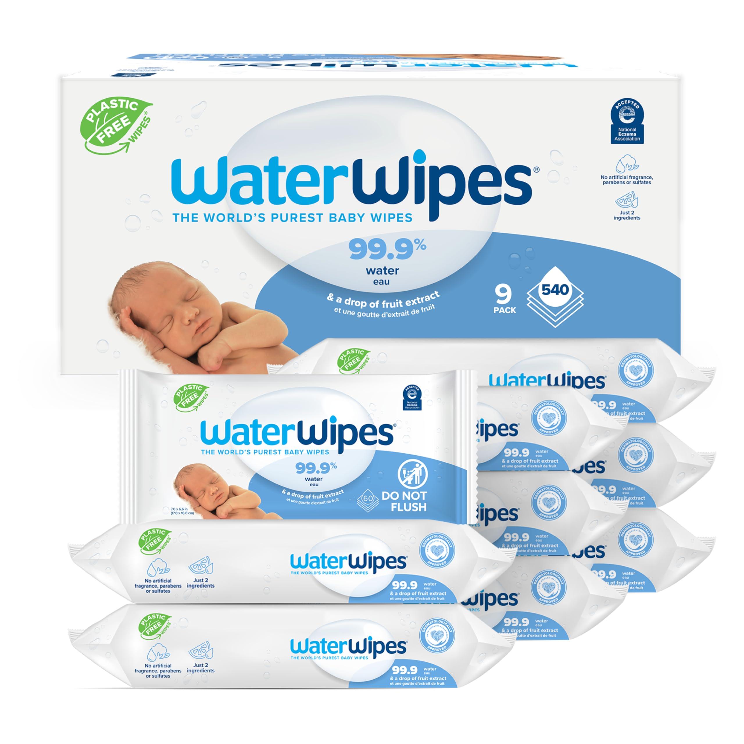 WaterWipes Original Baby Wipes, 99.9% Water-Based Wipes, Unscented & Hypoallergenic for Sensitive Skin, 540 Count (9 Packs), Packaging May Vary