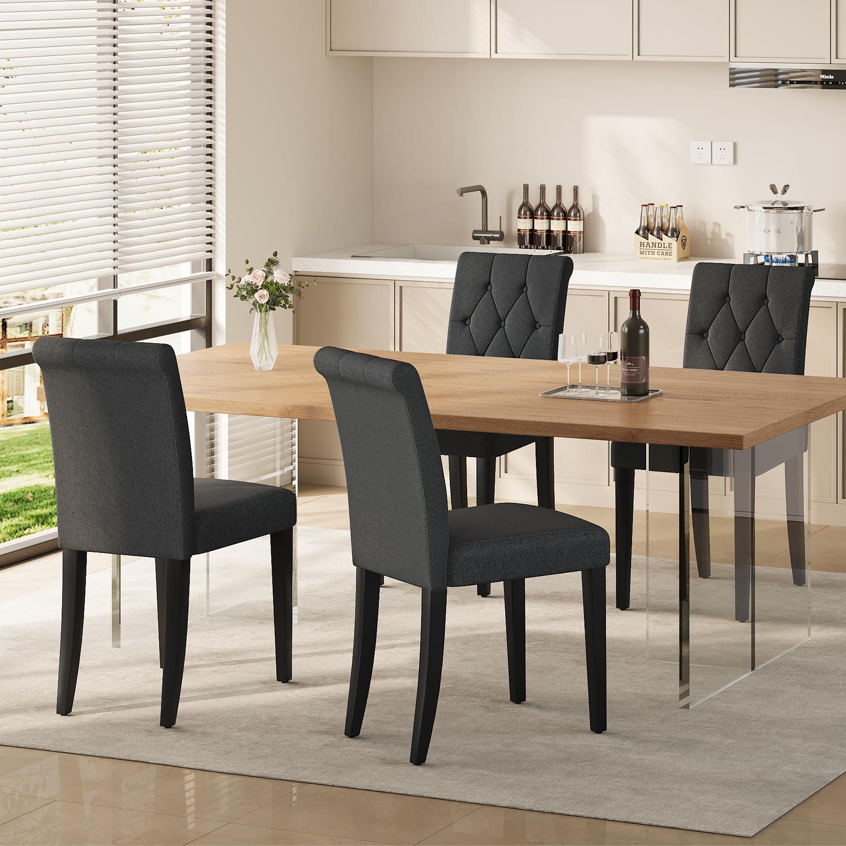 Welzona Upholstered Dining Chairs Set of 4, Button Tufted Parsons Dining Chair with Solid Wood Legs, Modern Fabric Side Chair for Dining Room/Kitchen/Restaurant/Hotel- Black