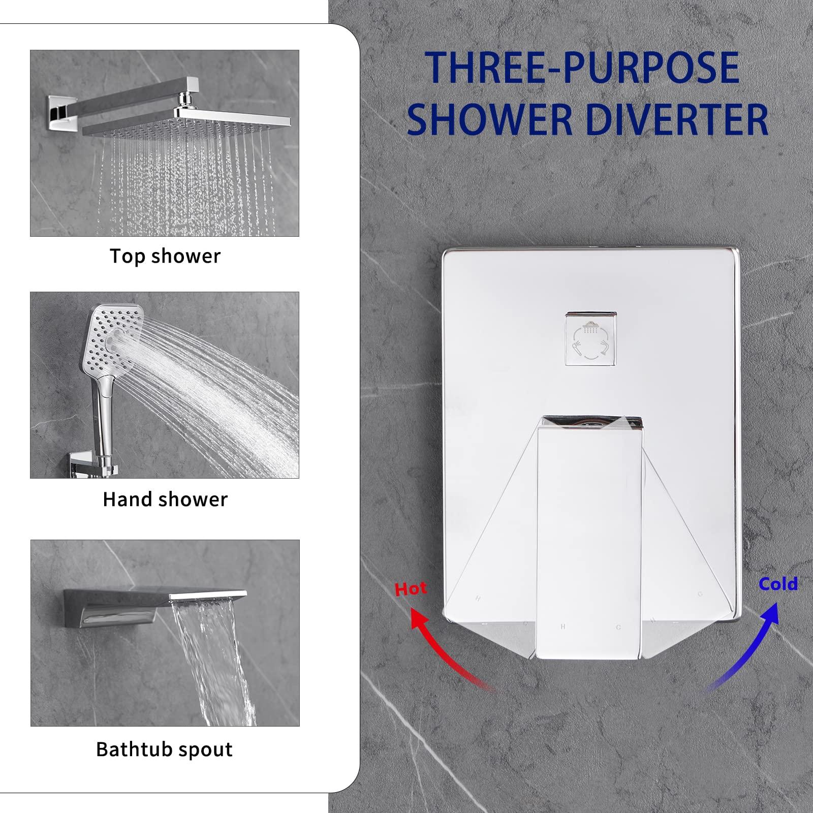 Gabrylly Shower System with Tub Spout, Wall Mounted Tub Shower Faucet Set for Bathroom with High Pressure 10" Rain Shower head and 3-Setting Handheld Shower Head Set,Chrome - Image 7