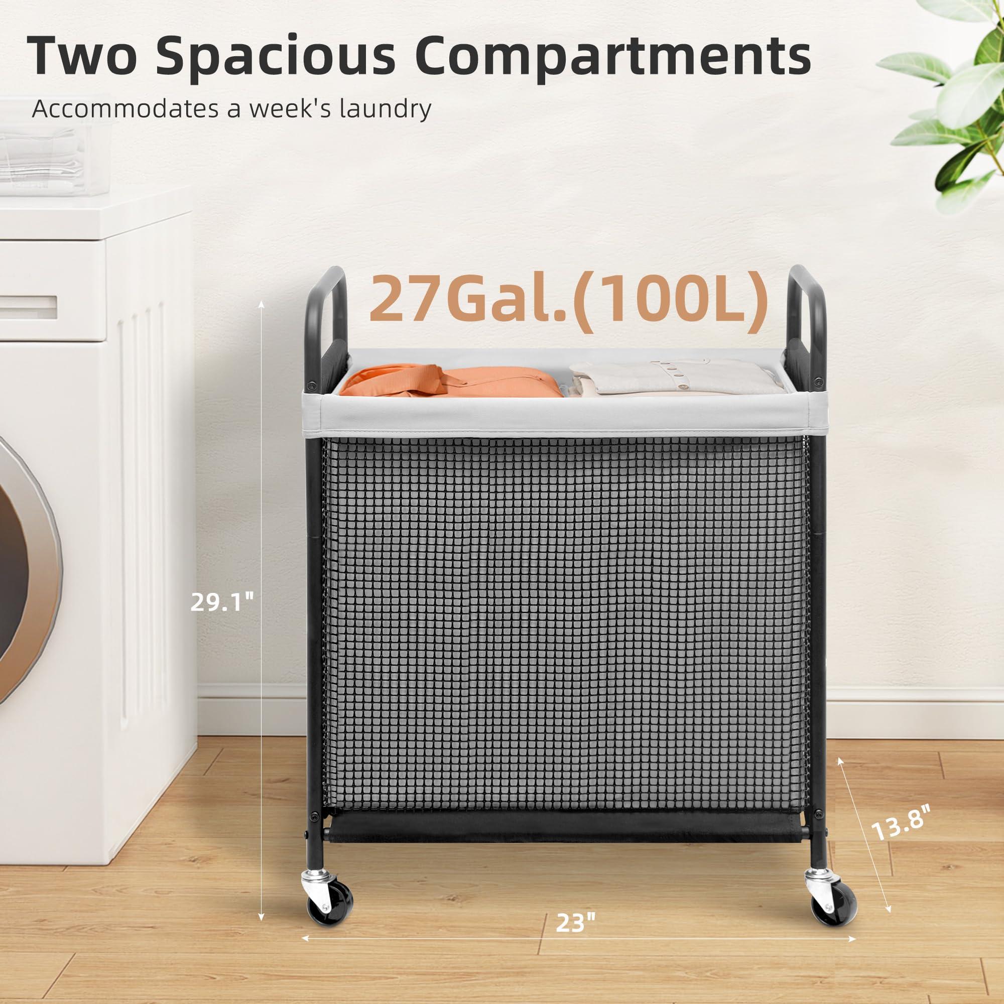 STORAGE MANIAC Rolling Laundry Hamper with Wheels 2-Section Laundry Sorter Rolling Laundrys Basket on Wheels with Removable Bag Clothes Hamper Laundrys Organizer Cart Bathroom Bedroom 100L Grey - Image 3