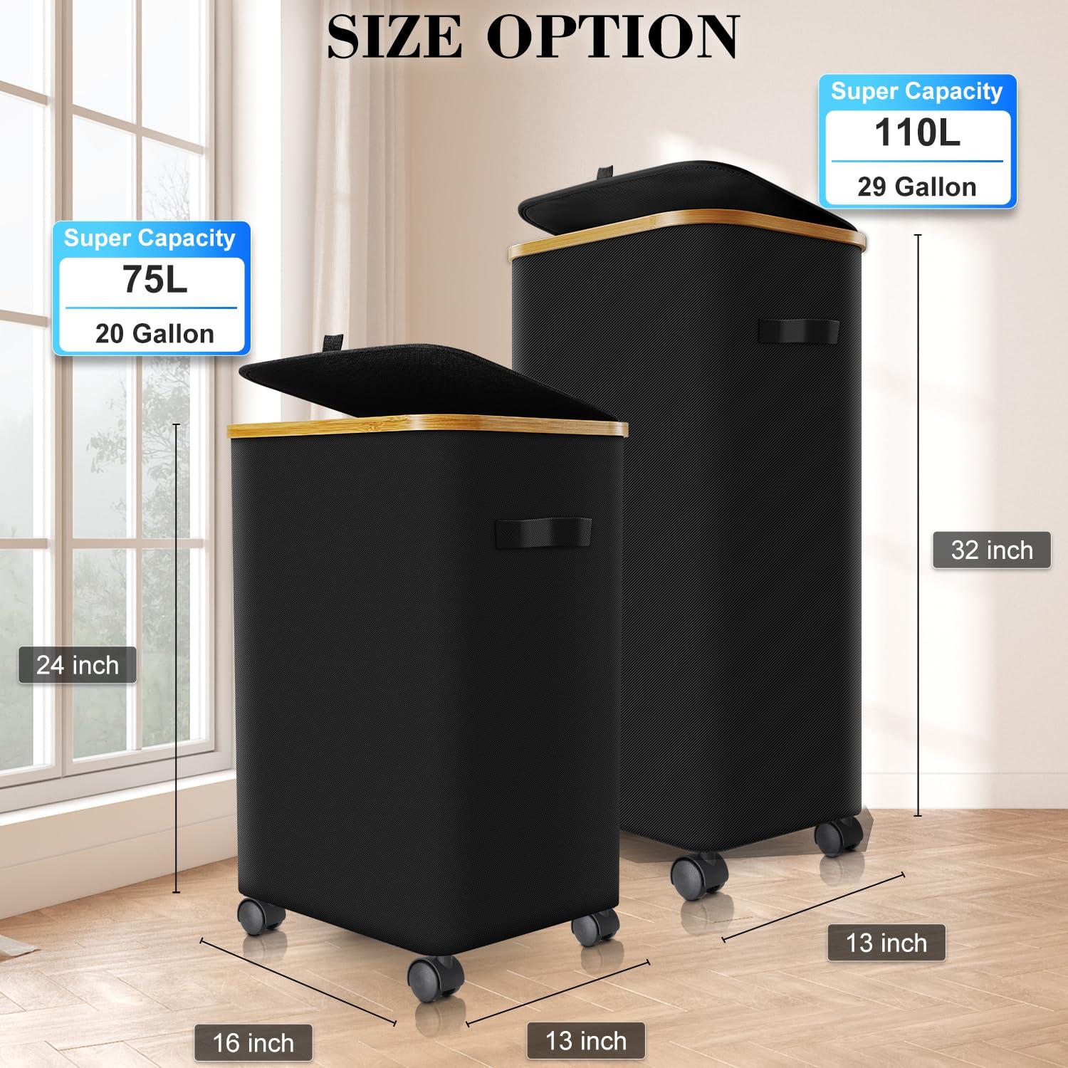 Laundry Hamper with Wheels,20 Gal (75L) Laundry Basket with lid Rolling Clothes Hamper Foldable Dirty Clothes Basket on wheels with Bamboo Frame and Bag for Bedroom, Dorm, Laundry Room-Black - Image 2