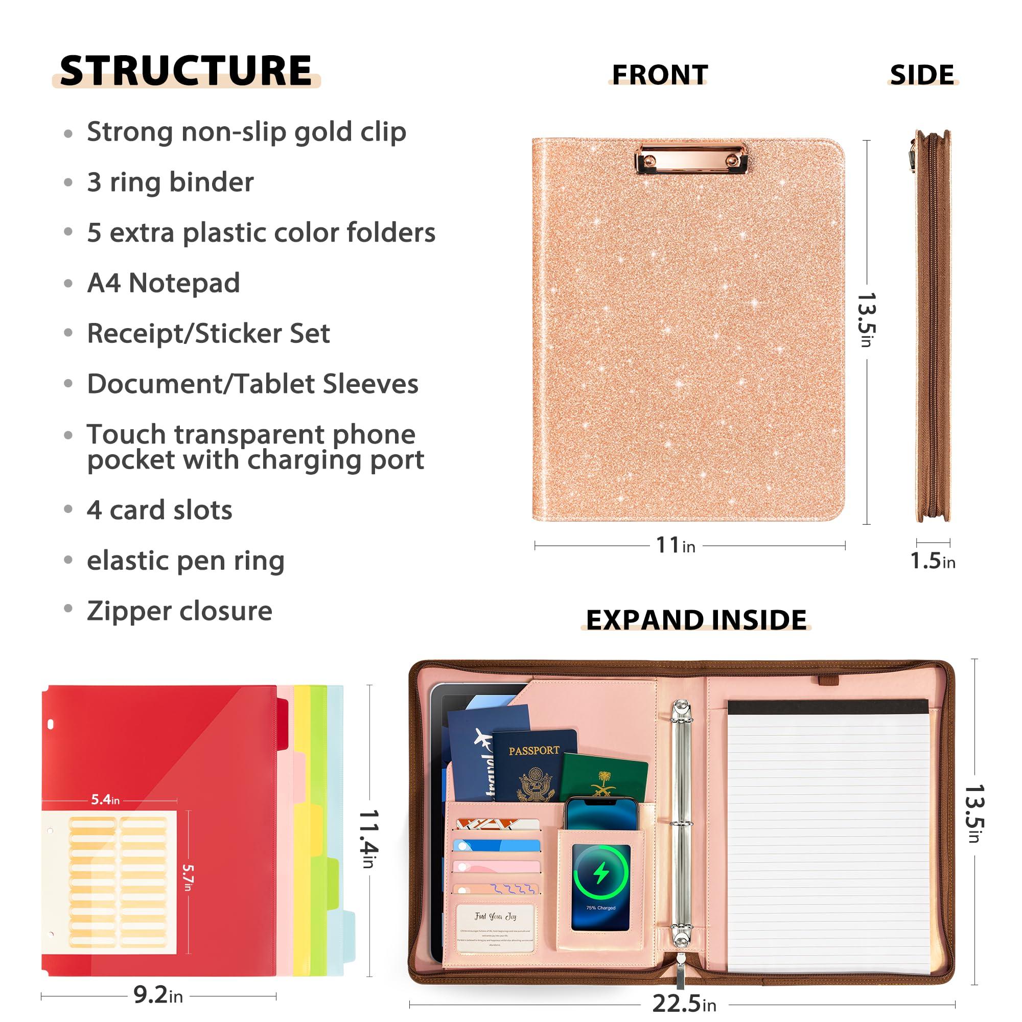 Ospelelf Clipboard with Storage for Men Women, Leather Padfolio Portfolio with Zipper, 1 Inch 3 Ring Binder 5 Dividers, Notepad for Letter Size, Elastic Closure and Pen Loop, Card Slot Rose Gold - Image 2