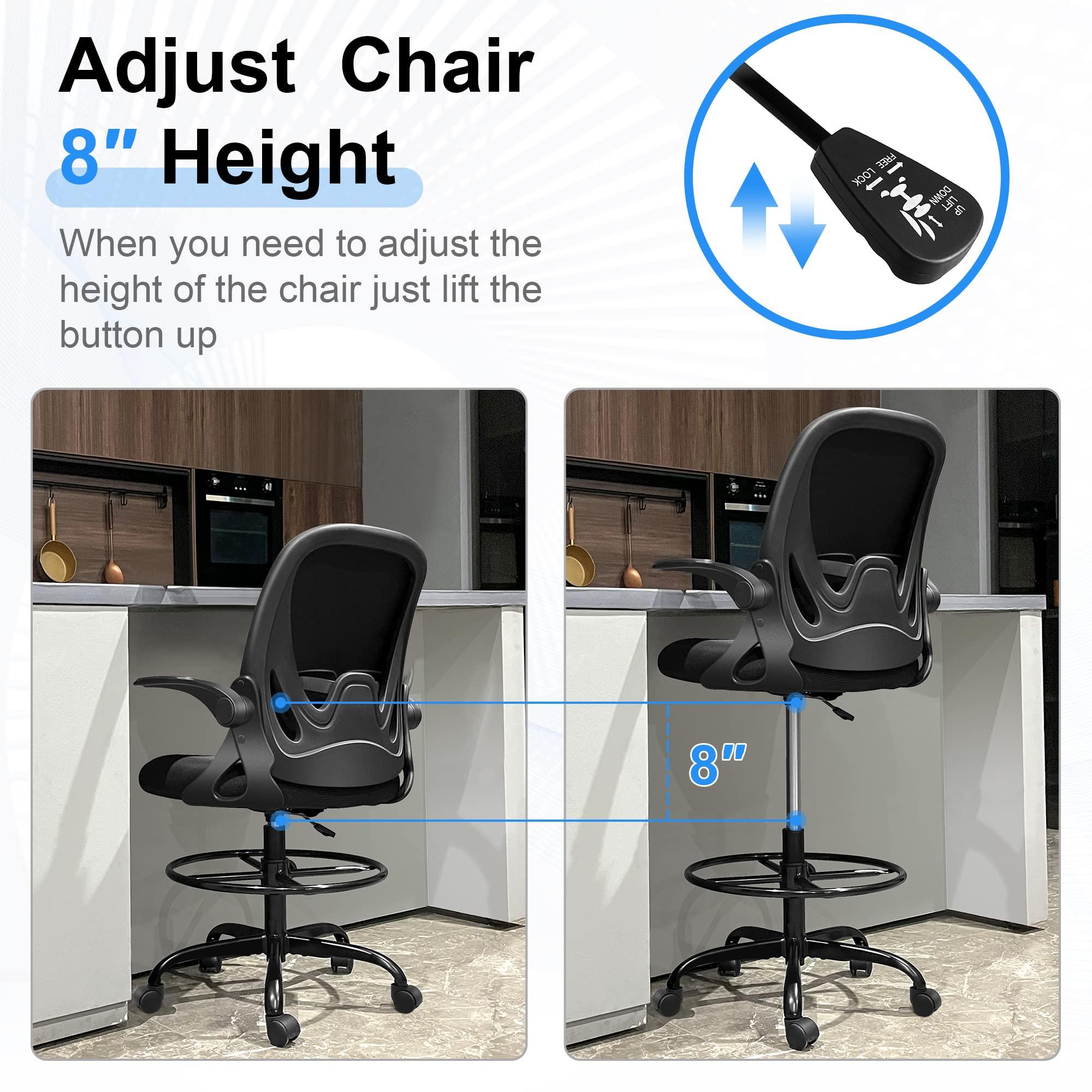 Primy Drafting Chair Tall Office Chair with Flip-up Armrests Executive Ergonomic Computer Standing Desk Chair with Lumbar Support and Adjustable Footrest Ring (Black) - Image 8