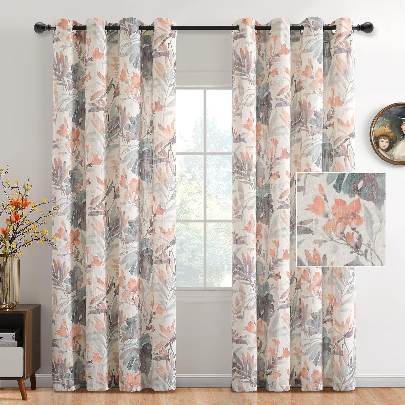 MYSKY HOME Floral Curtains 84 inches Long Printed Grommet Cotton Curtains for Living Room Bedroom Light Filtering Linen Style Curtain Burlap Effect Drape Window Treatments, 2 Panel Coral and Natural - Image 2