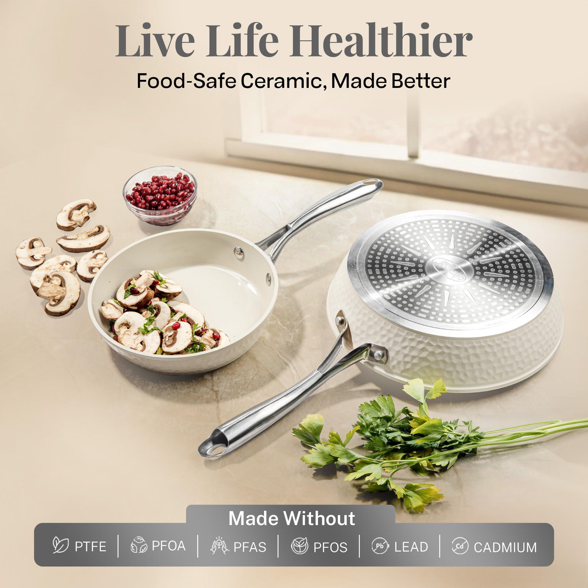 GOTHAM STEEL Hammered 10 Inch Non Stick Frying Pans with Lid, Frying Pans Nonstick with Lid, Non Toxic PFOA PFOS Free, Skillet Pan for Cooking, Induction Oven and Dishwasher Safe – Cream - Image 3